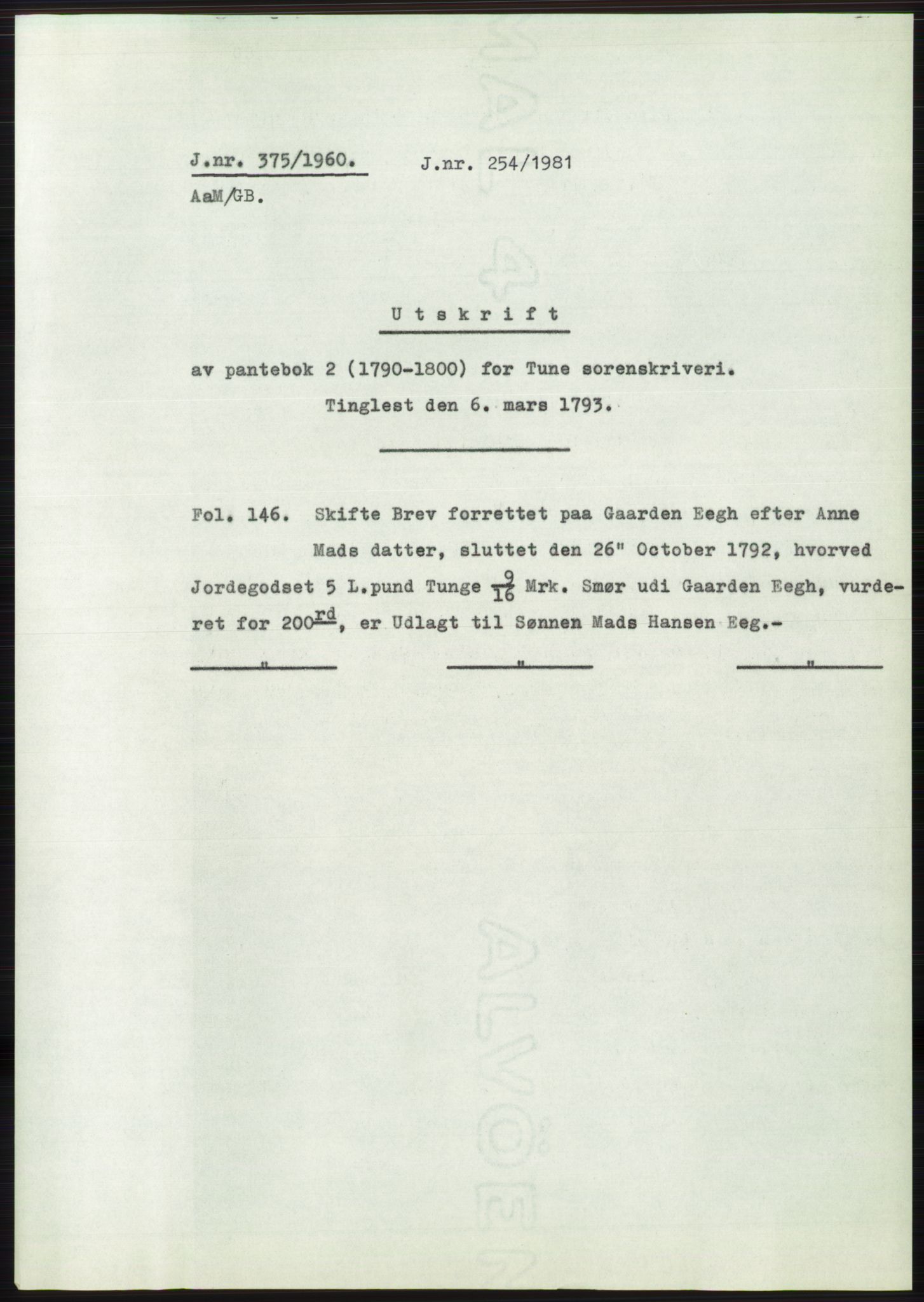 Statsarkivet i Oslo, SAO/A-10621/Z/Zd/L0011: Avskrifter, j.nr 4-798/1960, 1960, p. 186