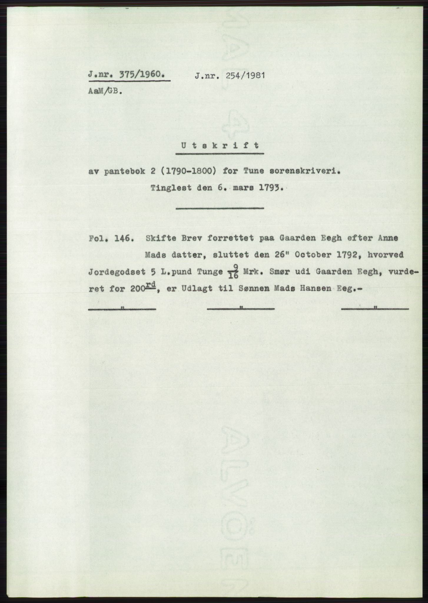 Statsarkivet i Oslo, AV/SAO-A-10621/Z/Zd/L0011: Avskrifter, j.nr 4-798/1960, 1960, p. 186
