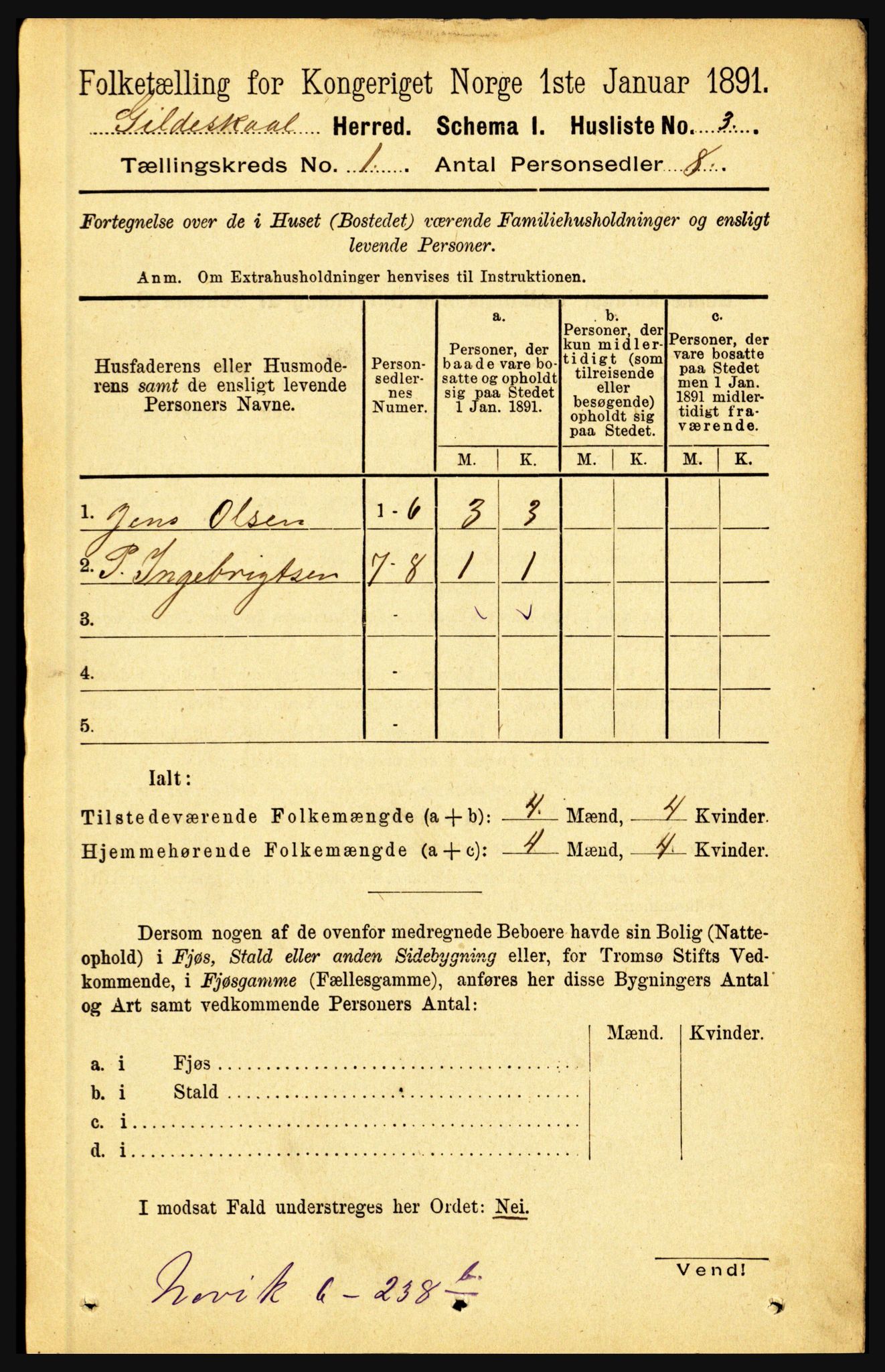 RA, 1891 census for 1838 Gildeskål, 1891, p. 39