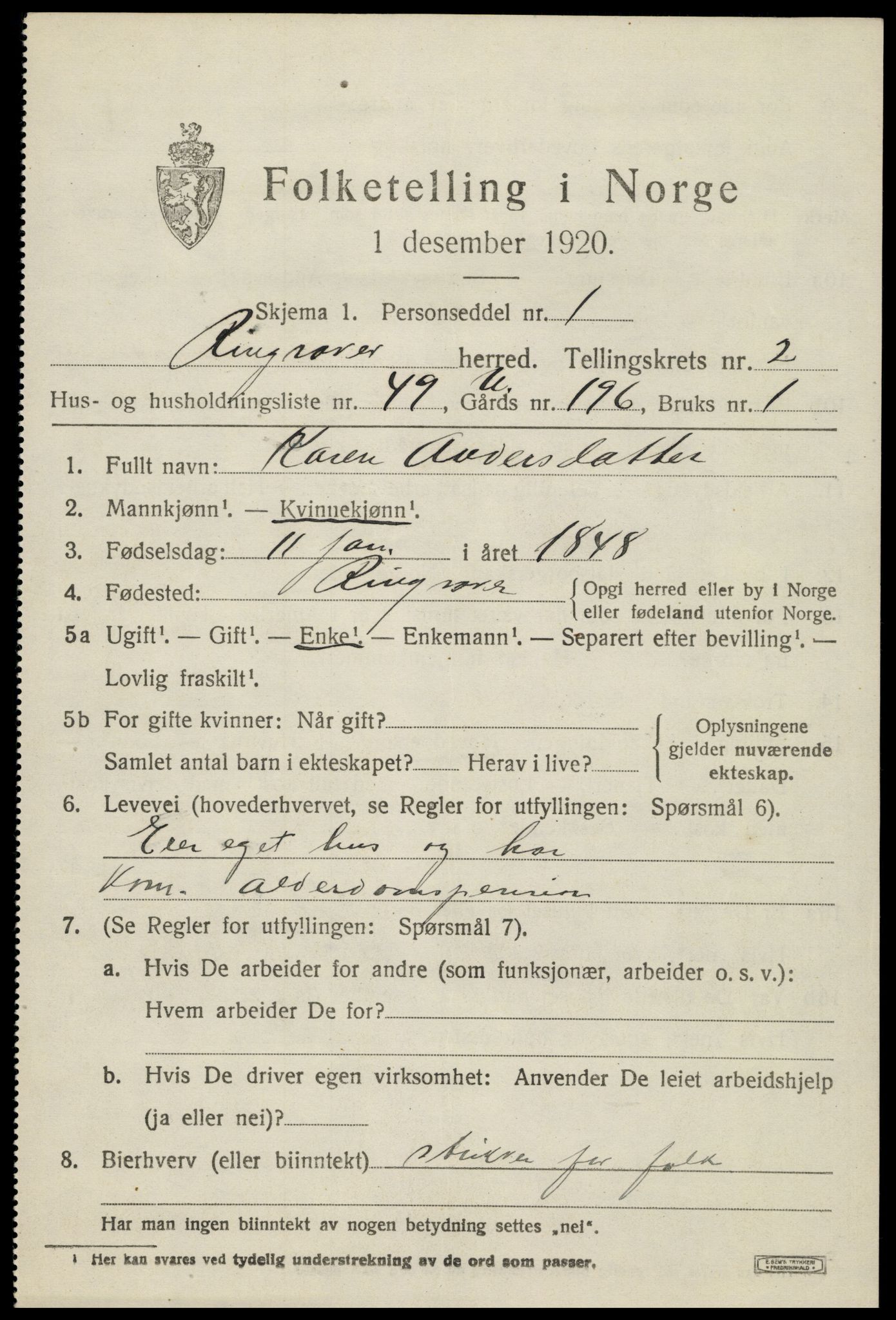 SAH, 1920 census for Ringsaker, 1920, p. 6948