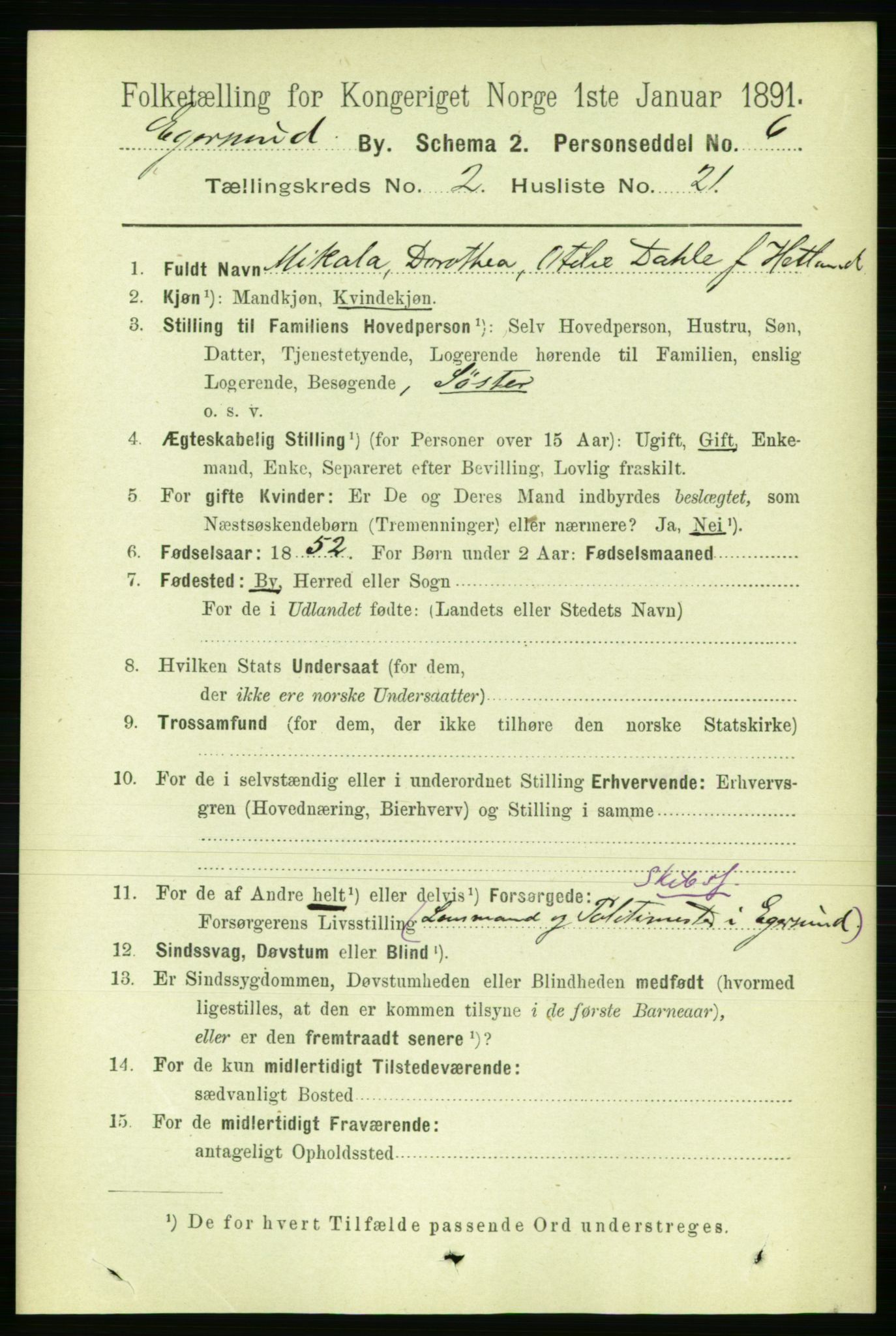 RA, 1891 census for 1101 Egersund, 1891, p. 396
