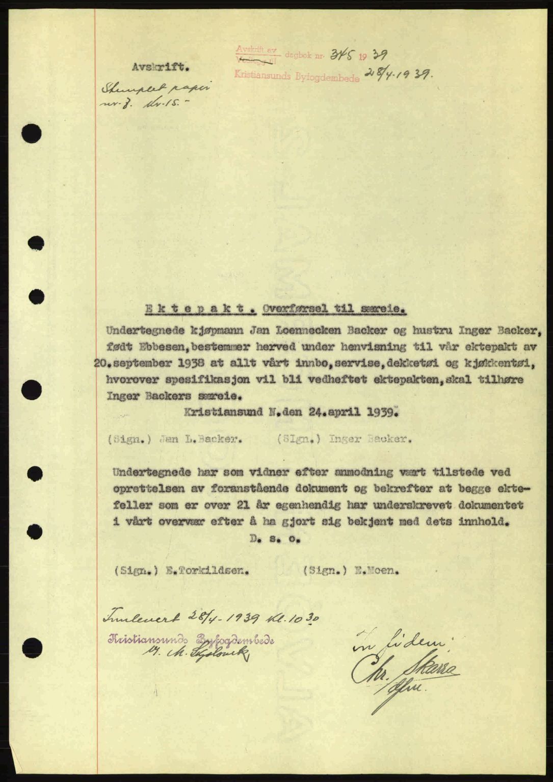 Kristiansund byfogd, SAT/A-4587/A/27: Mortgage book no. 31, 1938-1939, Diary no: : 345/1939