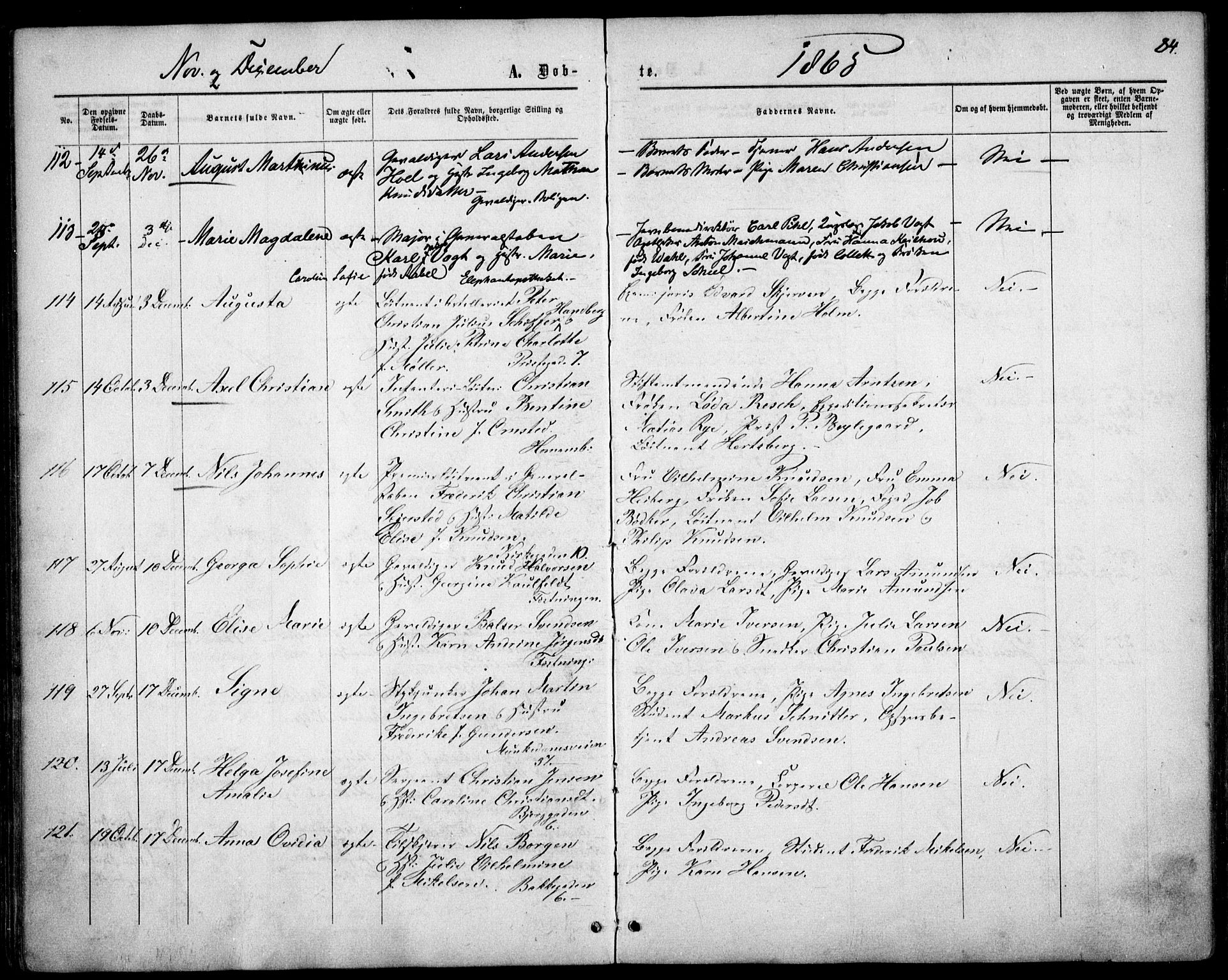 Garnisonsmenigheten Kirkebøker, AV/SAO-A-10846/F/Fa/L0010: Parish register (official) no. 10, 1859-1869, p. 84