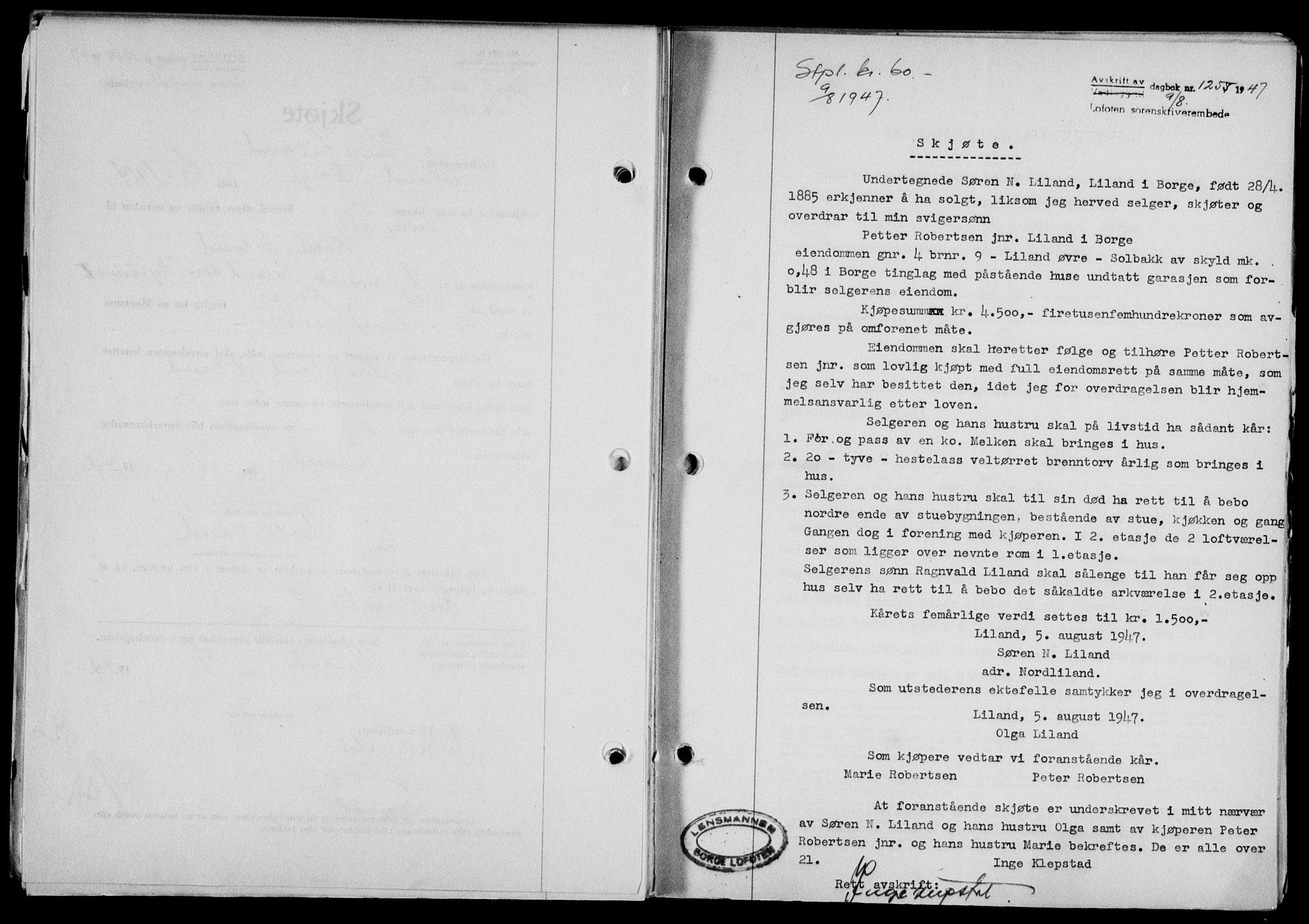 Lofoten sorenskriveri, SAT/A-0017/1/2/2C/L0016a: Mortgage book no. 16a, 1947-1947, Diary no: : 1255/1947