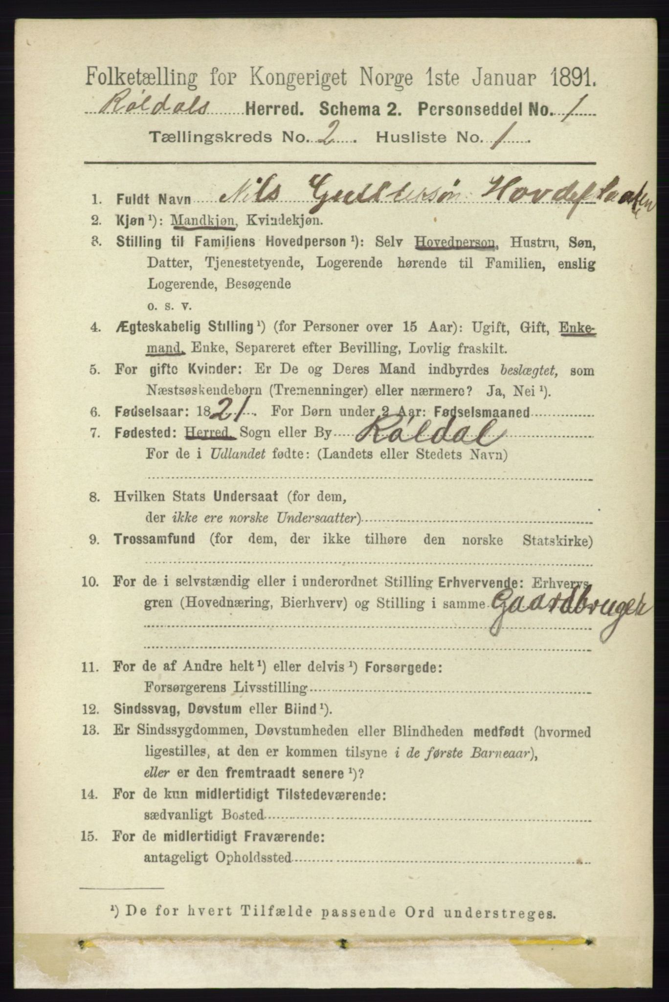 RA, 1891 census for 1229 Røldal, 1891, p. 530