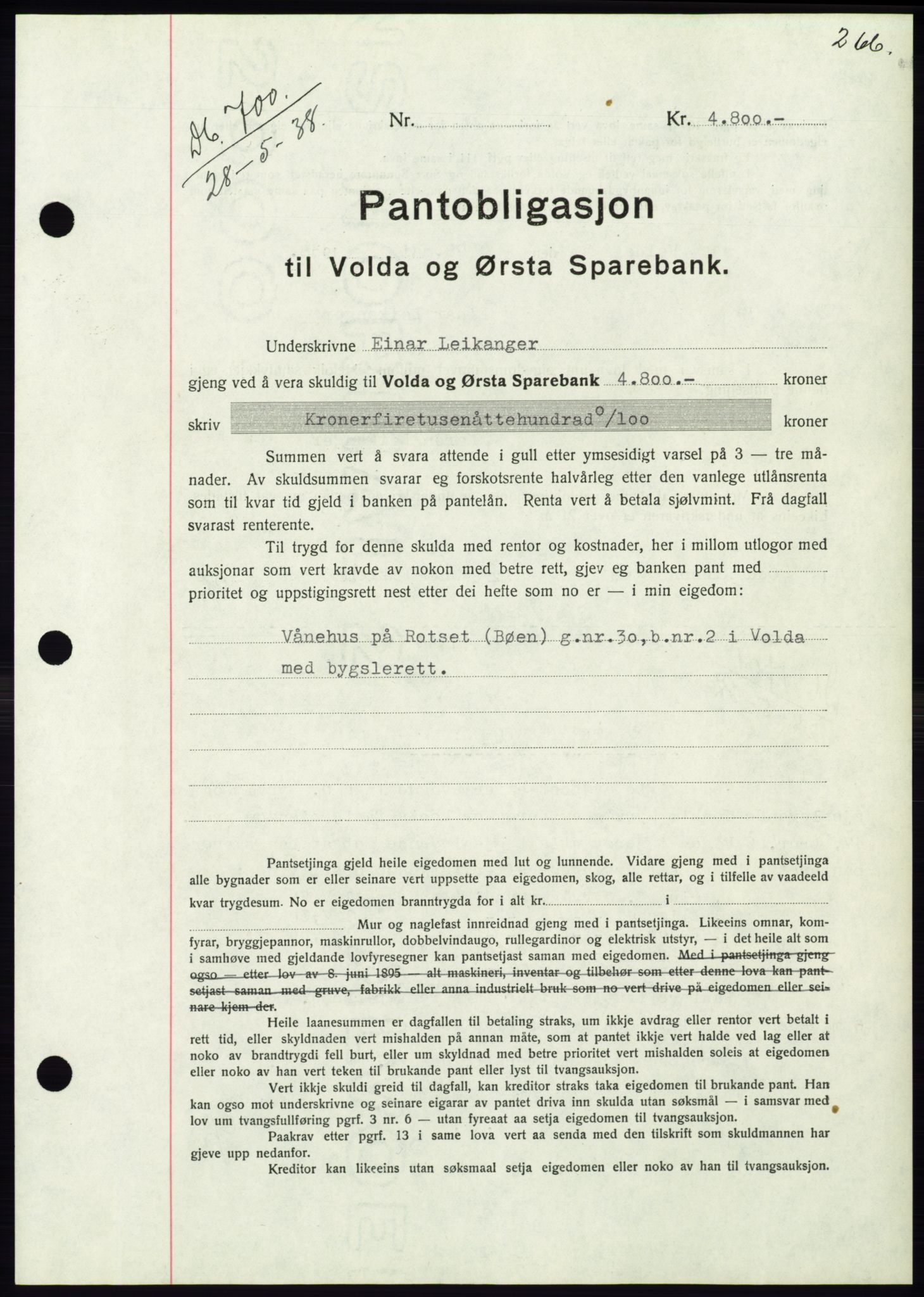 Søre Sunnmøre sorenskriveri, AV/SAT-A-4122/1/2/2C/L0065: Mortgage book no. 59, 1938-1938, Diary no: : 700/1938