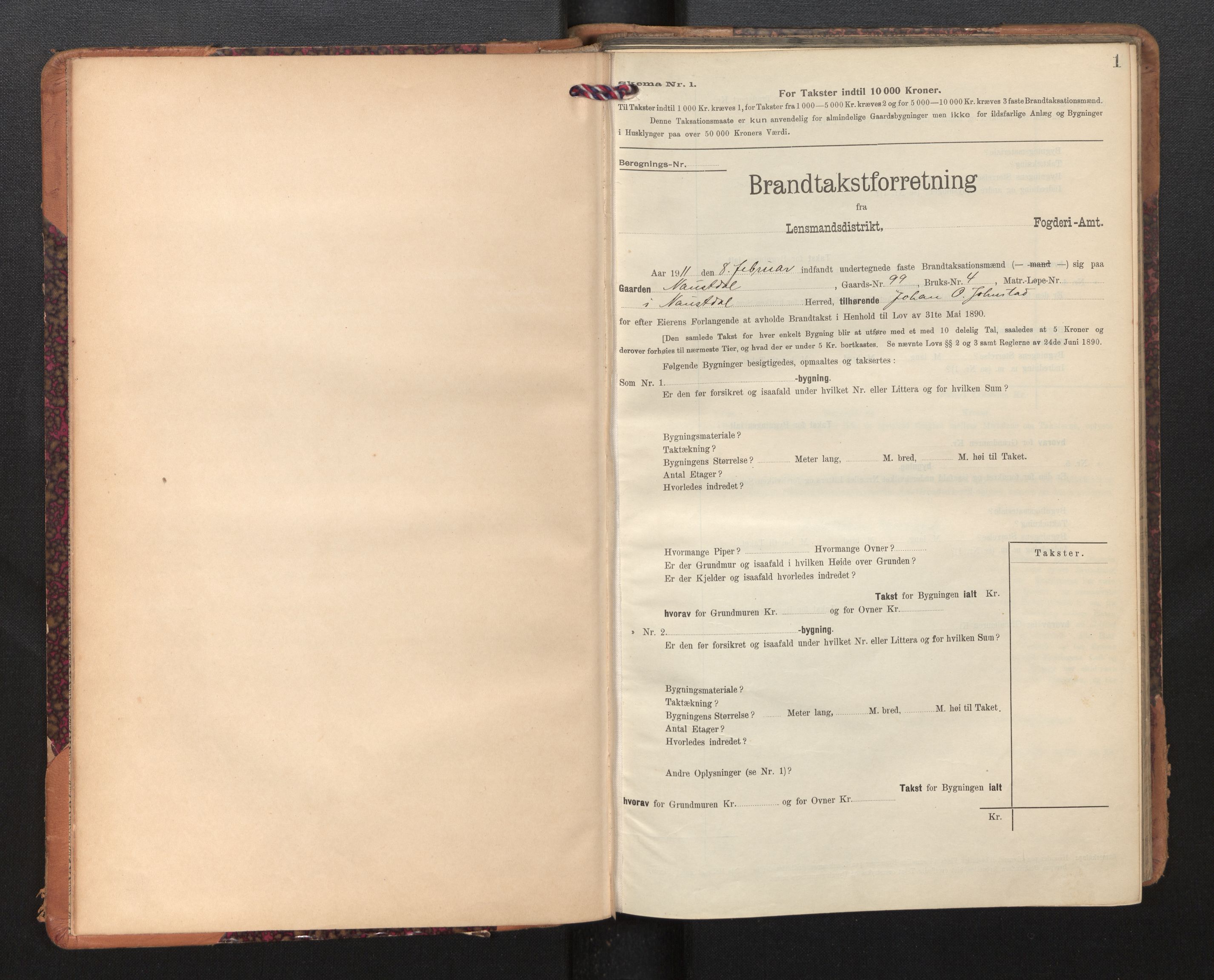 Lensmannen i Naustdal, SAB/A-29501/0012/L0002: Branntakstprotokoll, skjematakst, 1911-1953, p. 1