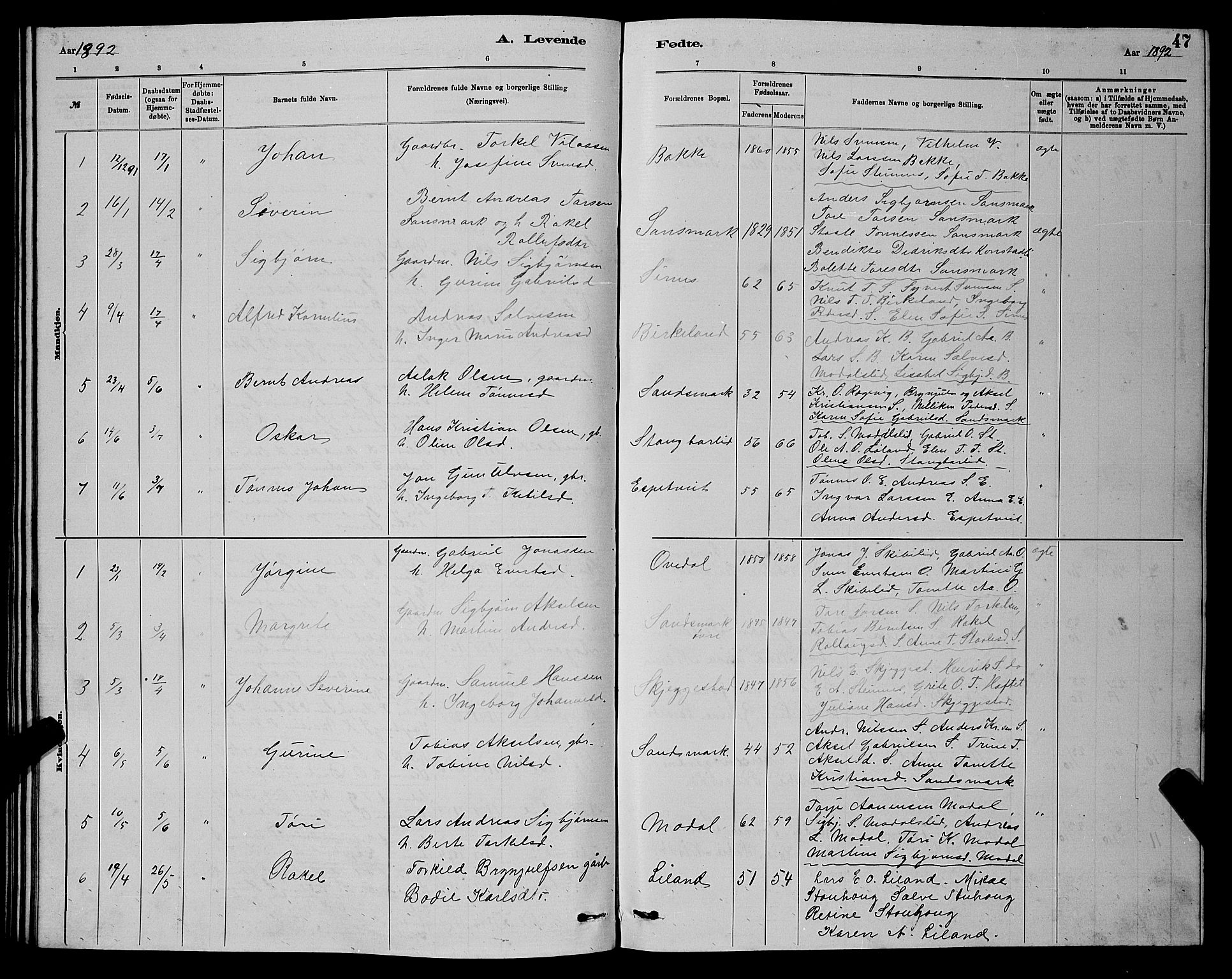Bakke sokneprestkontor, SAK/1111-0002/F/Fb/Fba/L0002: Parish register (copy) no. B 2, 1879-1893, p. 47