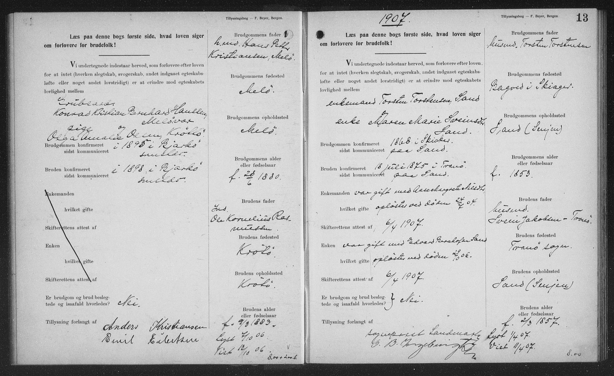 Sand/Bjarkøy sokneprestkontor, AV/SATØ-S-0811/J/Jb/L0024: Banns register no. 24, 1905-1917, p. 13