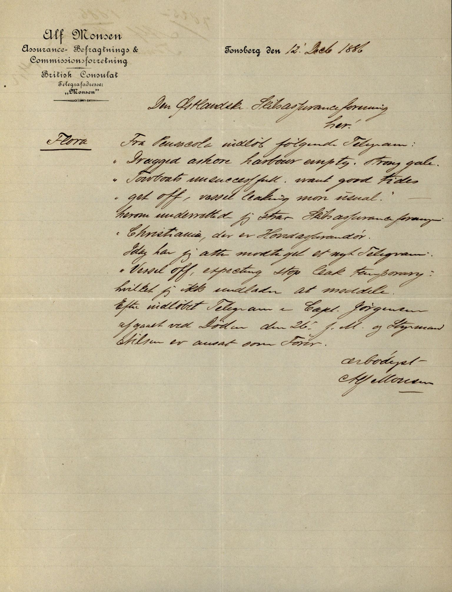 Pa 63 - Østlandske skibsassuranceforening, VEMU/A-1079/G/Ga/L0019/0007: Havaridokumenter / Flora, Foldin, Fix, Flora, Hast, Kvik, Pehr, 1886-1887, p. 23