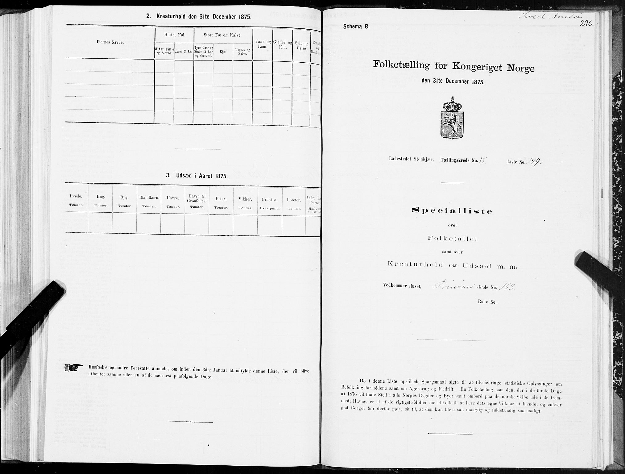 SAT, 1875 census for 1702B Steinkjer/Steinkjer, 1875, p. 296