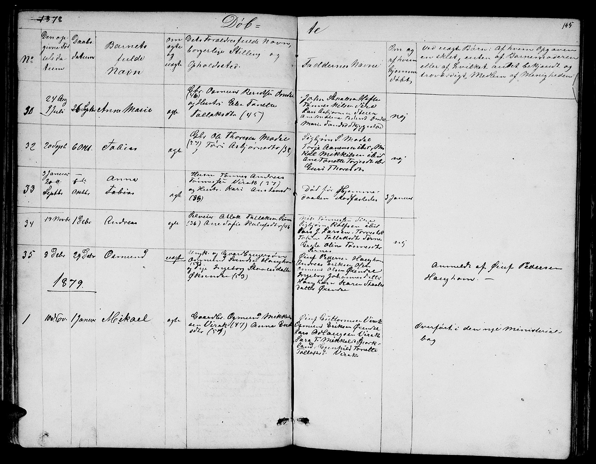 Bakke sokneprestkontor, SAK/1111-0002/F/Fb/Fba/L0001: Parish register (copy) no. B 1, 1849-1879, p. 145