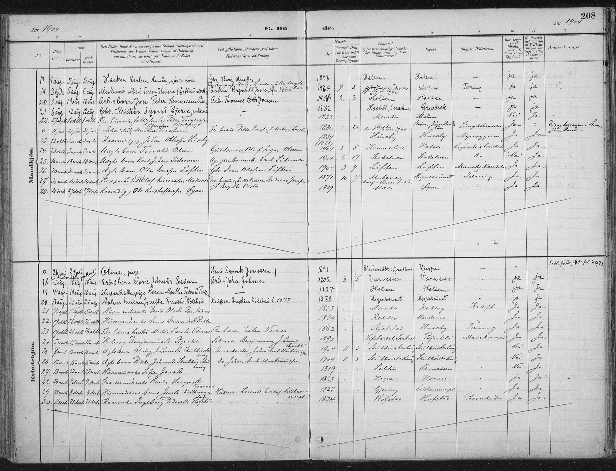 Ministerialprotokoller, klokkerbøker og fødselsregistre - Nord-Trøndelag, AV/SAT-A-1458/709/L0082: Parish register (official) no. 709A22, 1896-1916, p. 208