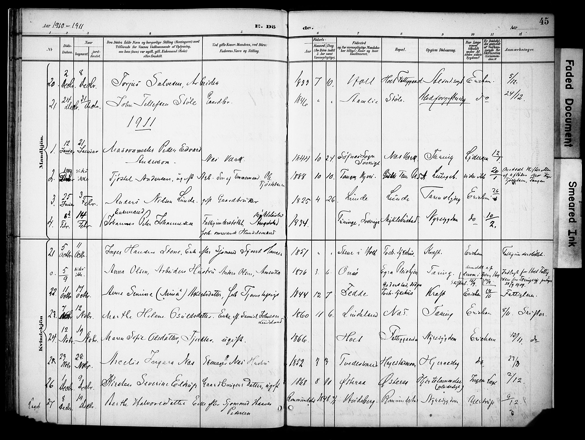 Holt sokneprestkontor, AV/SAK-1111-0021/F/Fa/L0013: Parish register (official) no. A 13, 1900-1912, p. 45