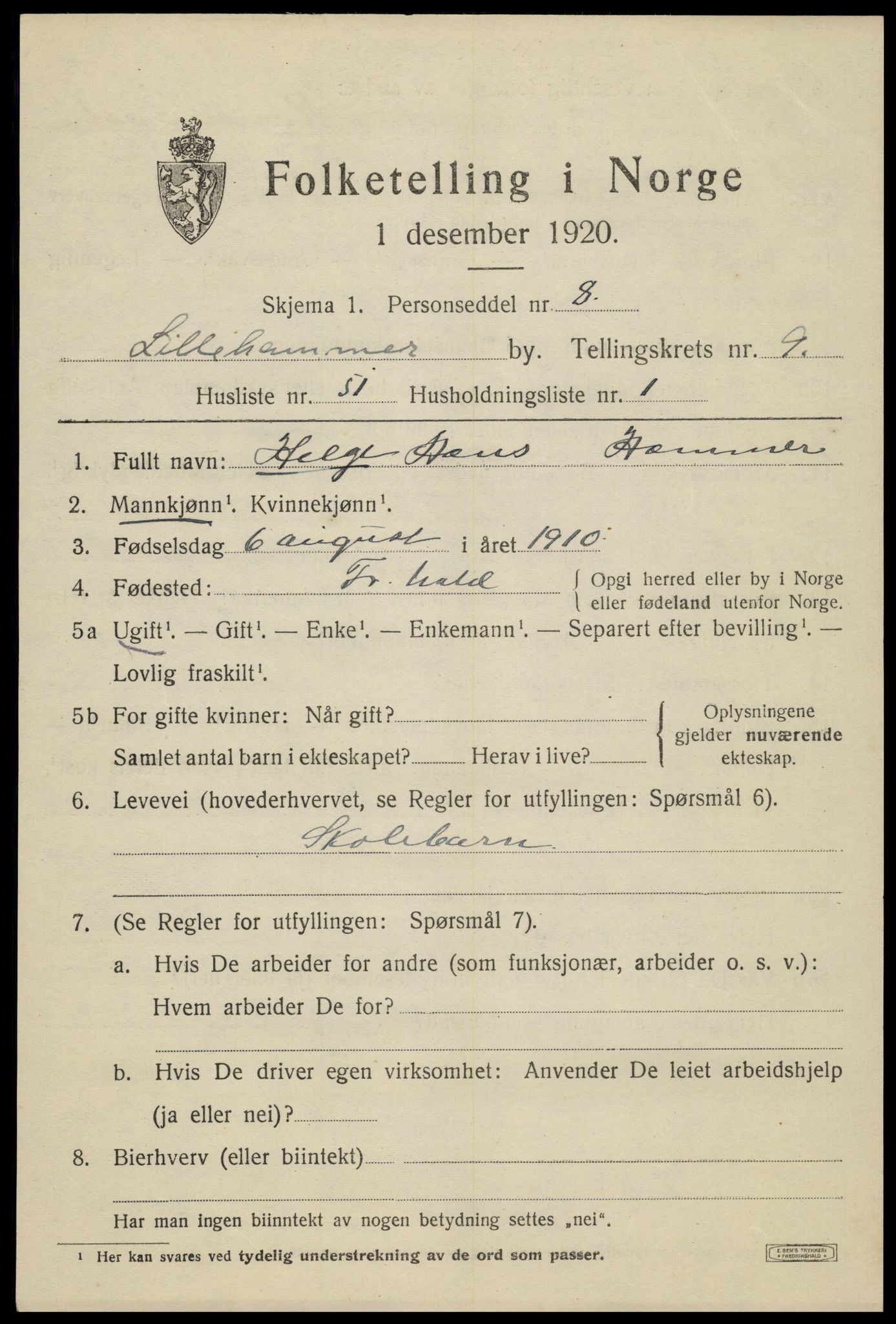 SAH, 1920 census for Lillehammer, 1920, p. 12358