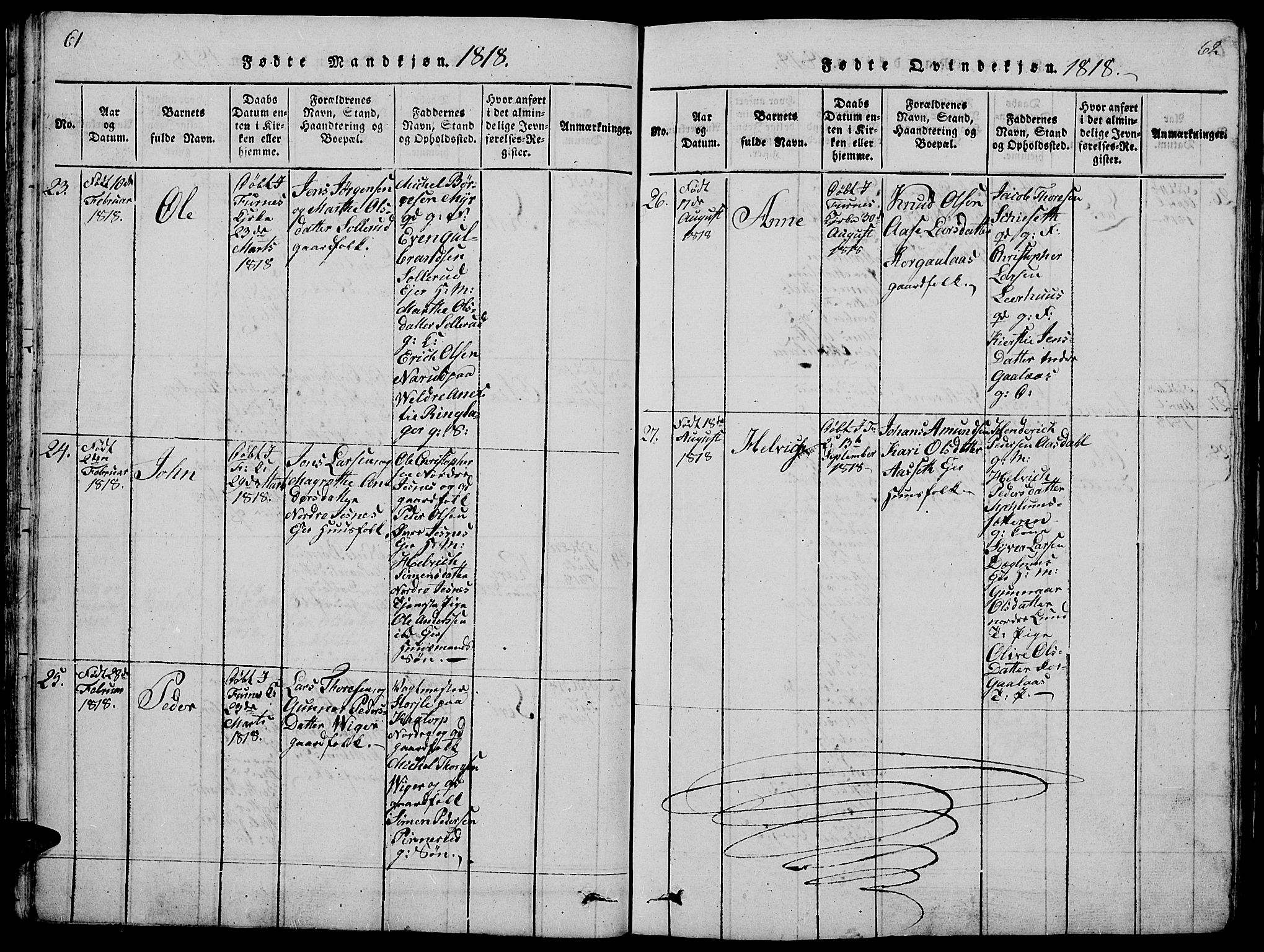 Vang prestekontor, Hedmark, AV/SAH-PREST-008/H/Ha/Hab/L0005: Parish register (copy) no. 5, 1815-1836, p. 61-62