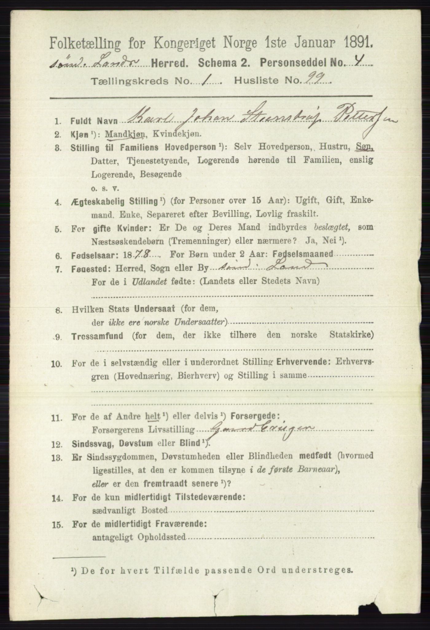 RA, 1891 census for 0536 Søndre Land, 1891, p. 813