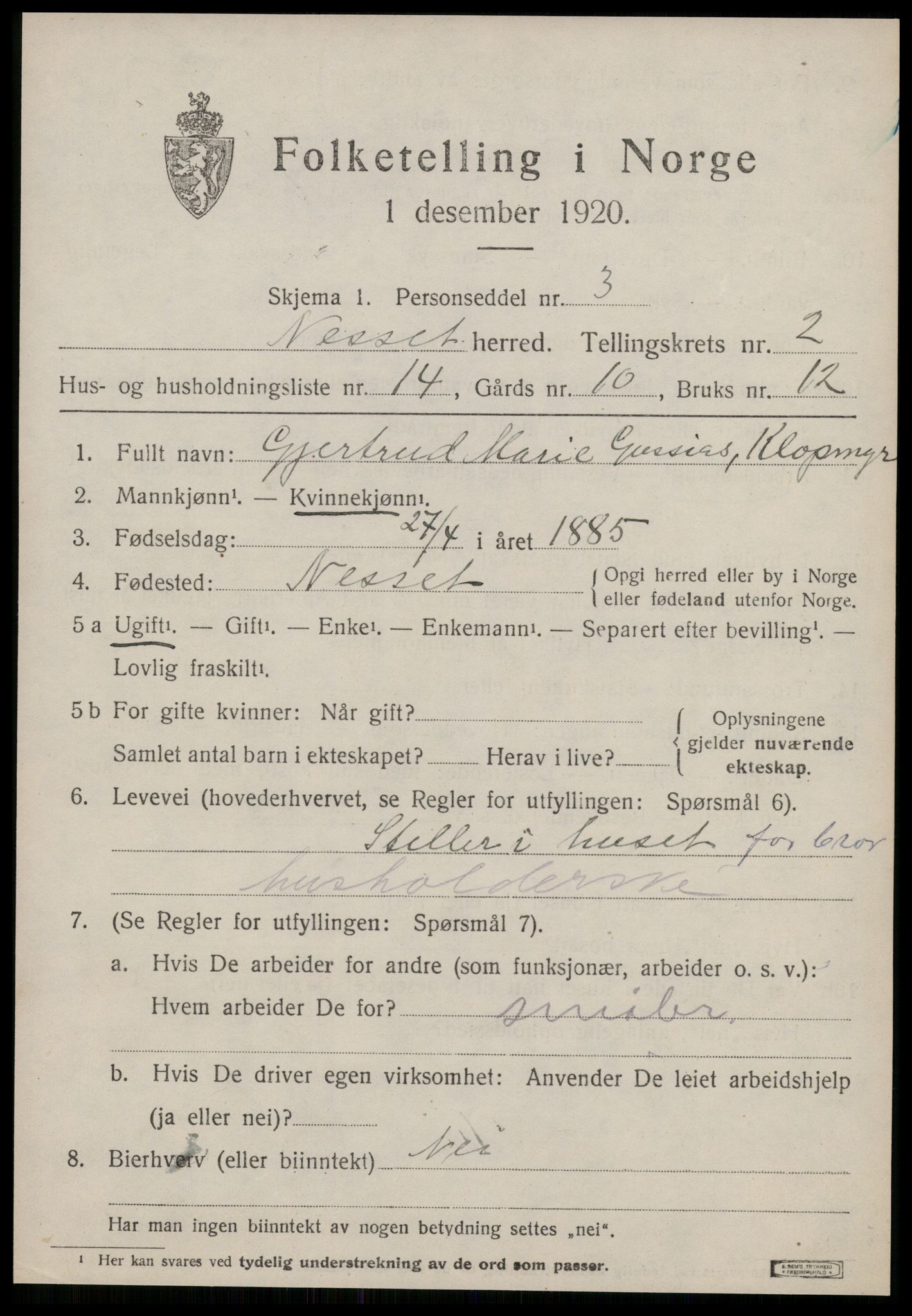 SAT, 1920 census for Nesset, 1920, p. 1188