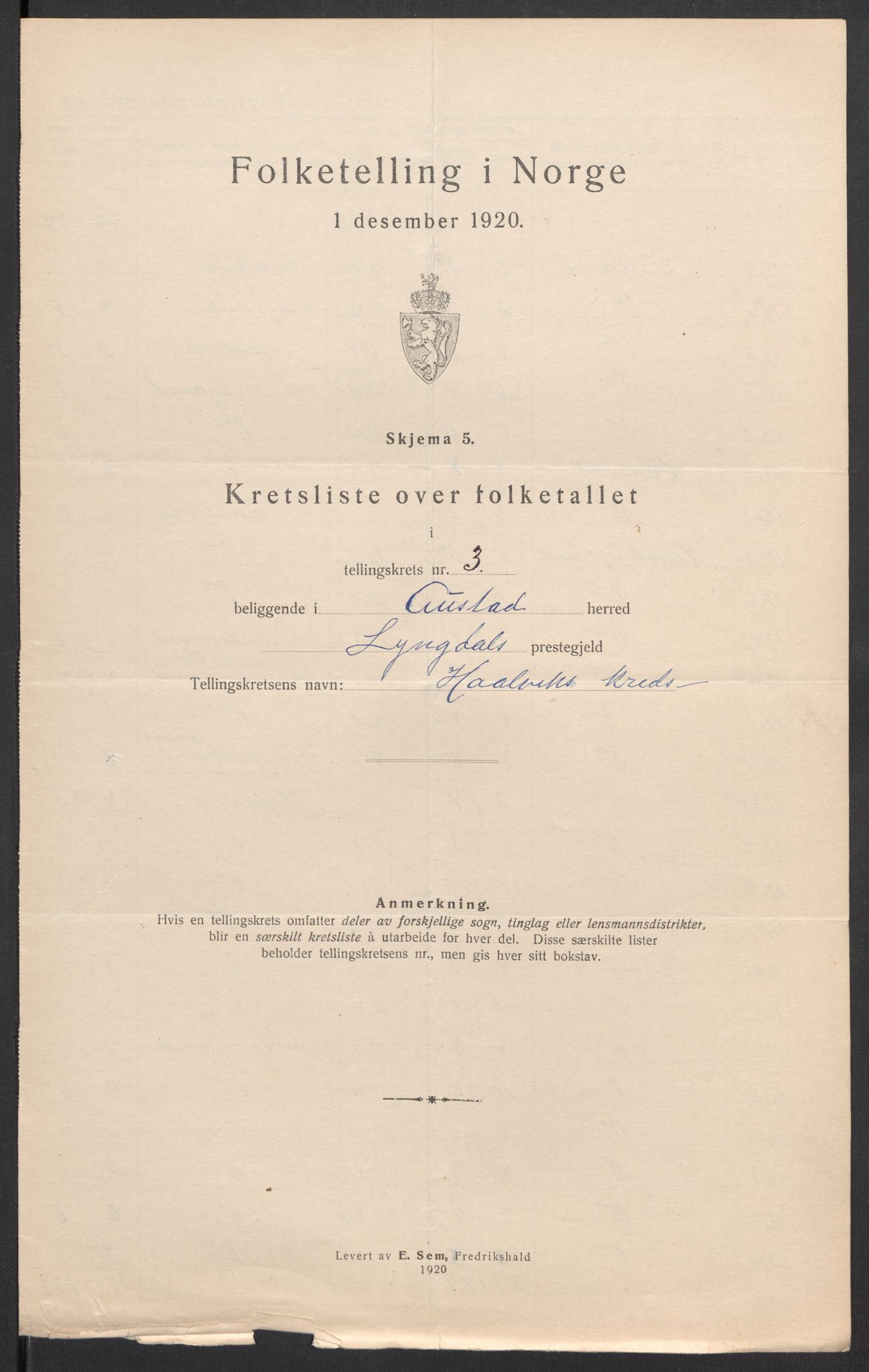 SAK, 1920 census for Austad, 1920, p. 17