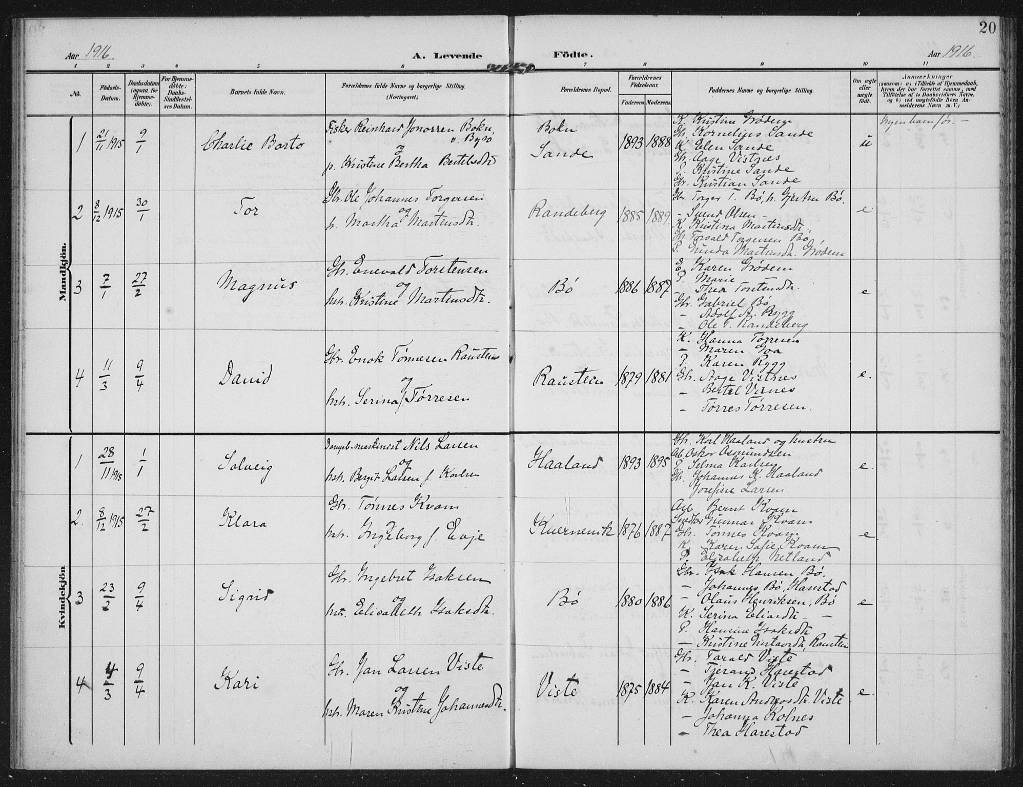 Hetland sokneprestkontor, AV/SAST-A-101826/30/30BA: Parish register (official) no. A 14, 1905-1919, p. 20