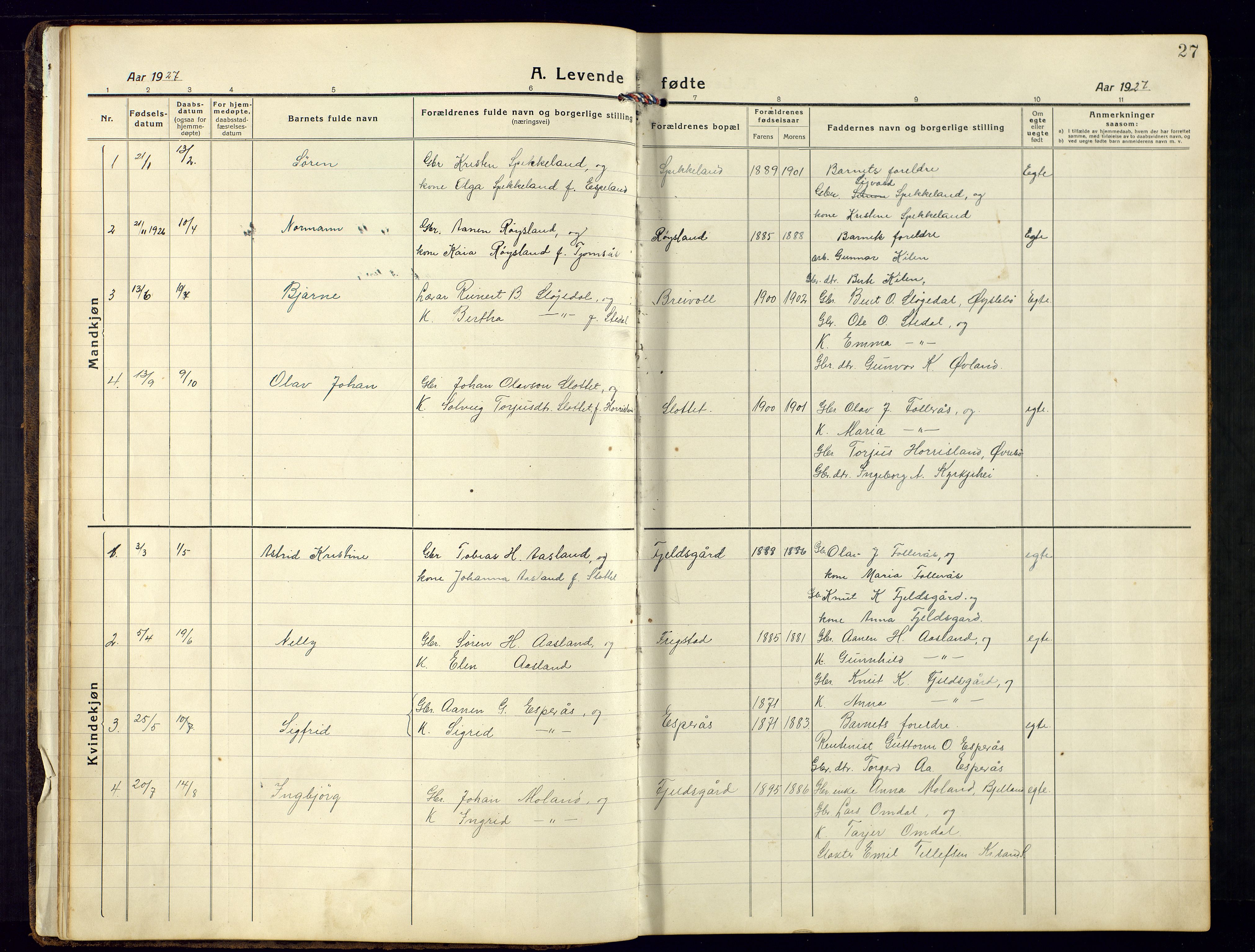 Bjelland sokneprestkontor, SAK/1111-0005/F/Fb/Fbb/L0006: Parish register (copy) no. B-6, 1918-1946, p. 27