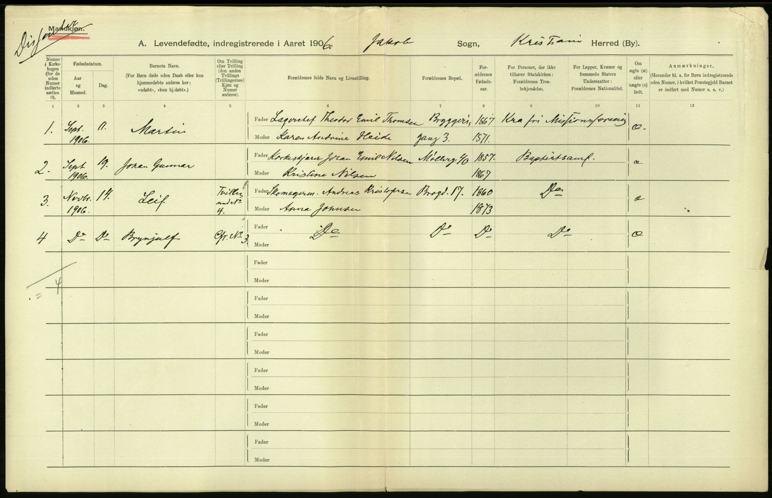 Statistisk sentralbyrå, Sosiodemografiske emner, Befolkning, AV/RA-S-2228/D/Df/Dfa/Dfad/L0007: Kristiania: Levendefødte menn og kvinner., 1906, p. 410