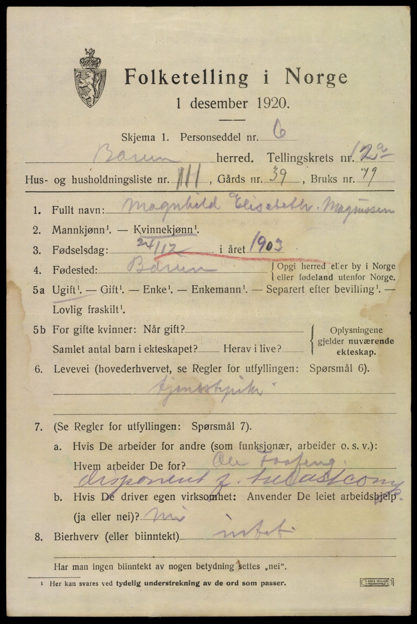 SAO, 1920 census for Bærum, 1920, p. 27342