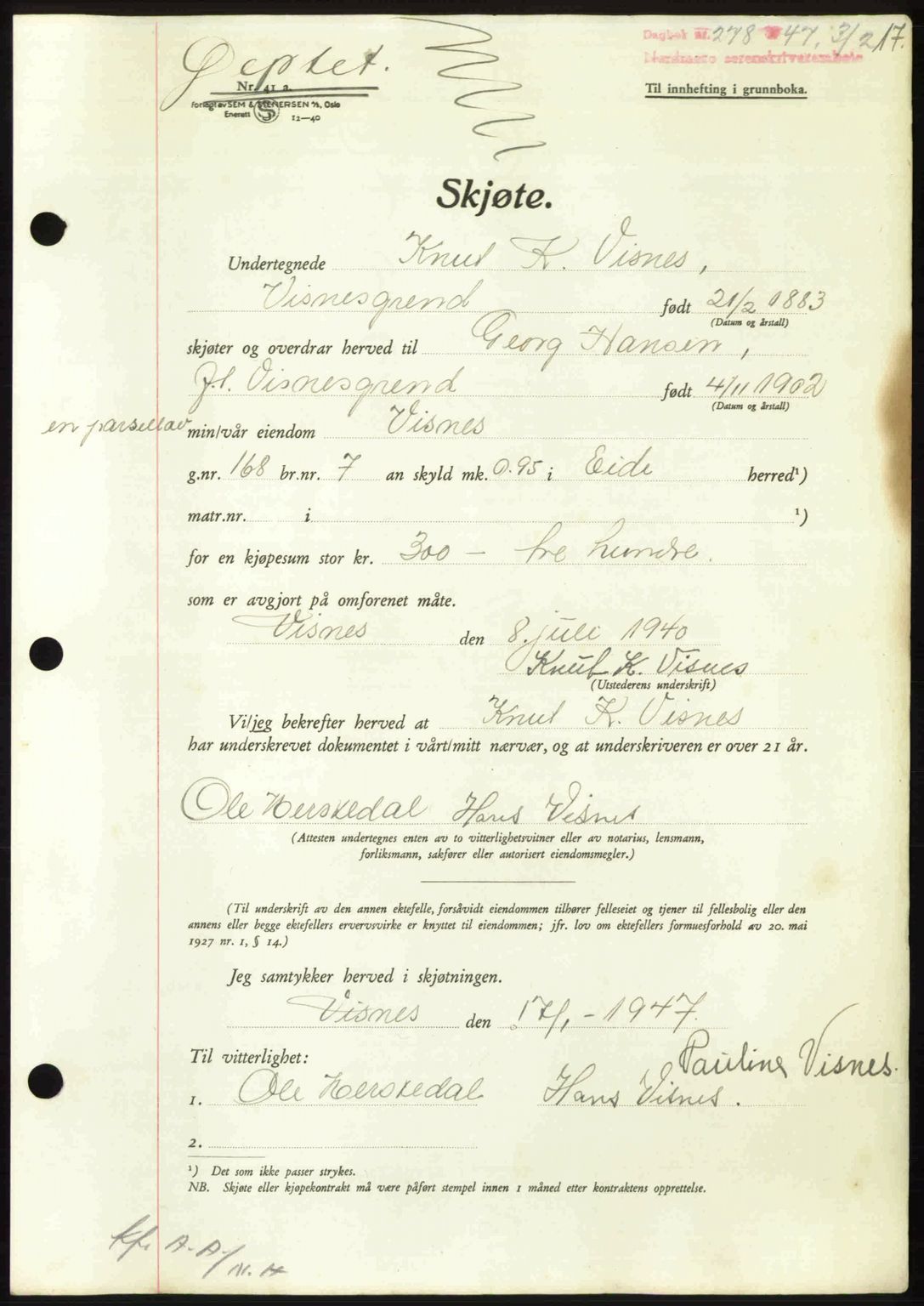 Nordmøre sorenskriveri, AV/SAT-A-4132/1/2/2Ca: Mortgage book no. A104, 1947-1947, Diary no: : 278/1947