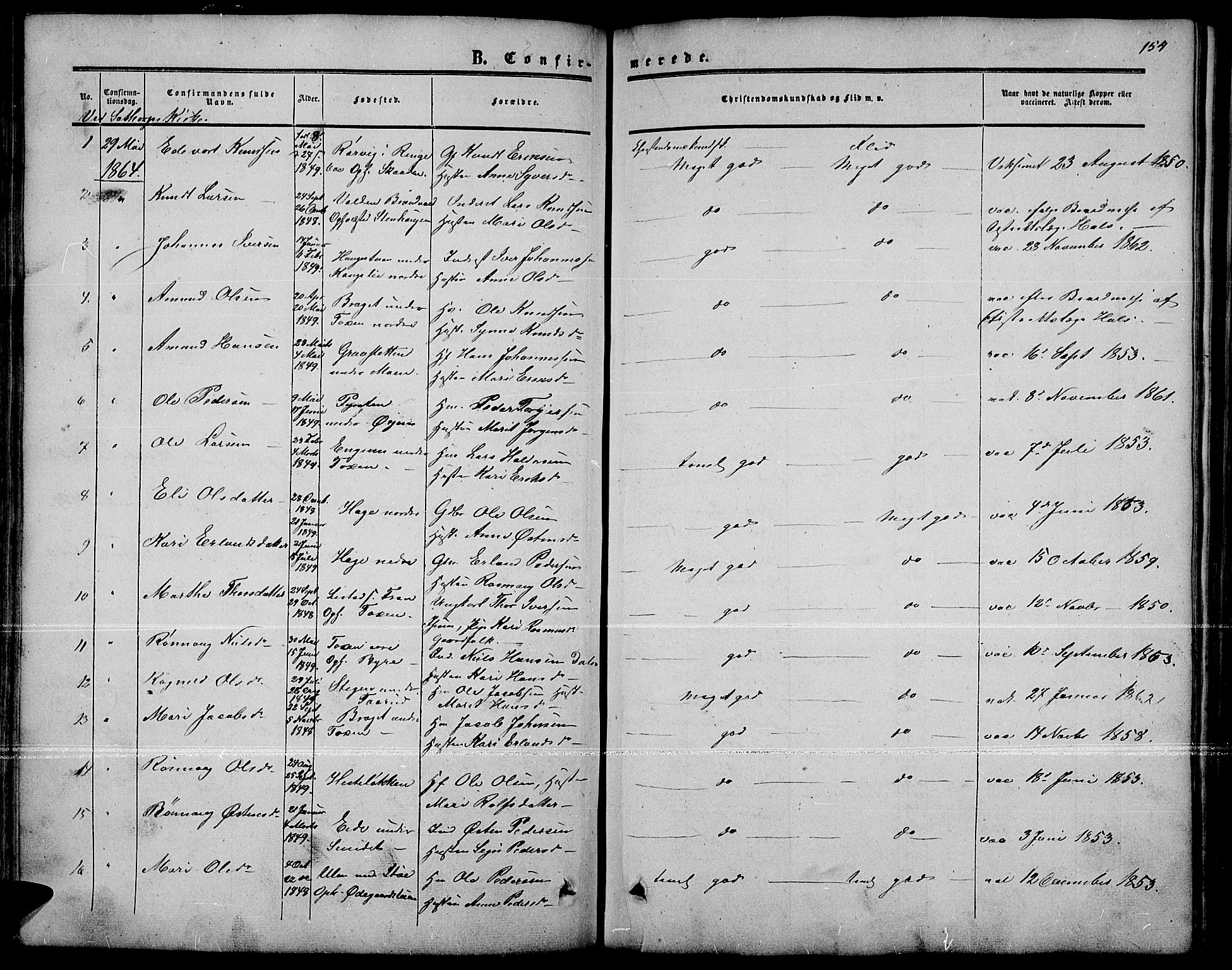 Nord-Fron prestekontor, SAH/PREST-080/H/Ha/Hab/L0001: Parish register (copy) no. 1, 1851-1883, p. 154