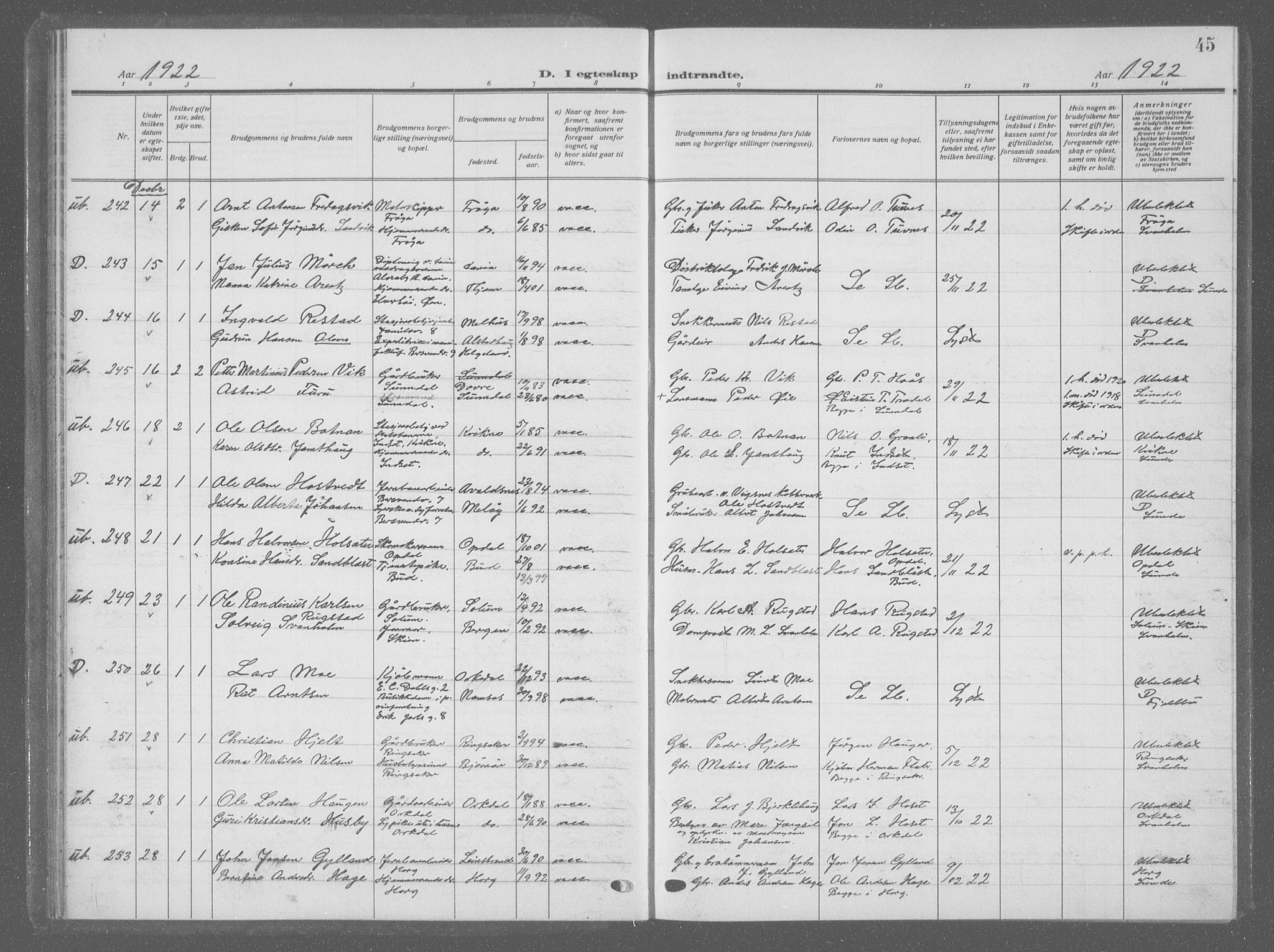 Ministerialprotokoller, klokkerbøker og fødselsregistre - Sør-Trøndelag, SAT/A-1456/601/L0098: Parish register (copy) no. 601C16, 1921-1934, p. 45