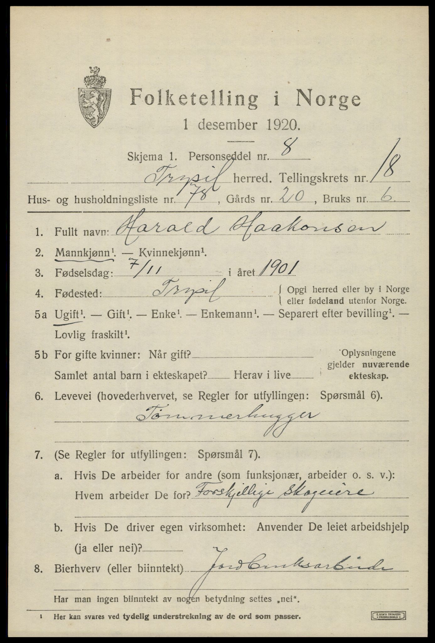 SAH, 1920 census for Trysil, 1920, p. 12709