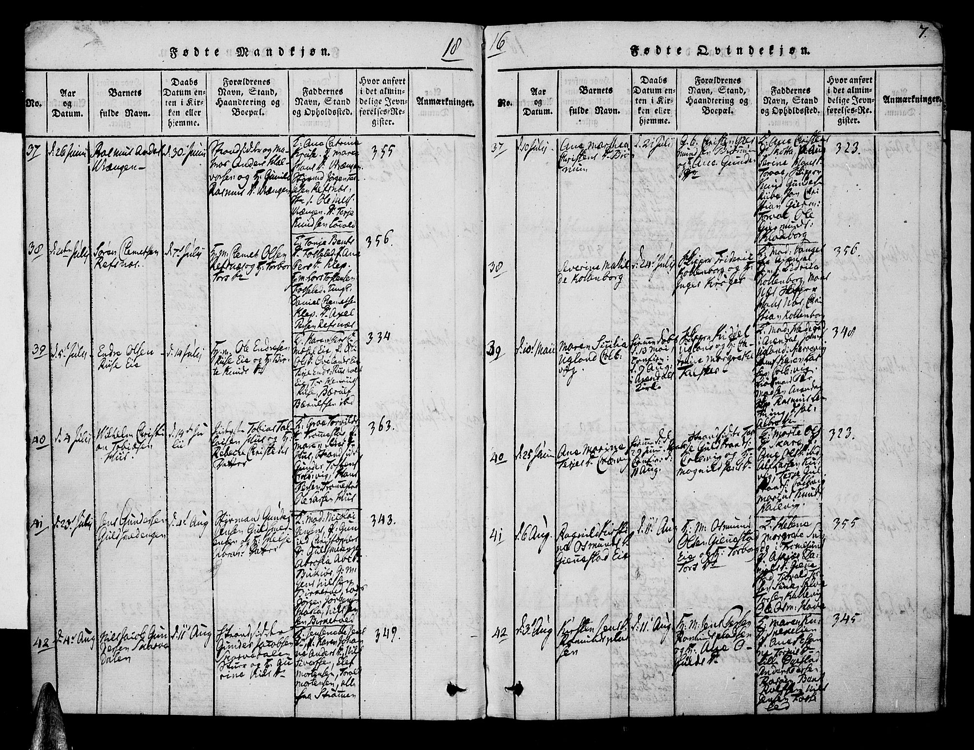 Øyestad sokneprestkontor, AV/SAK-1111-0049/F/Fa/L0012: Parish register (official) no. A 12, 1816-1827, p. 7