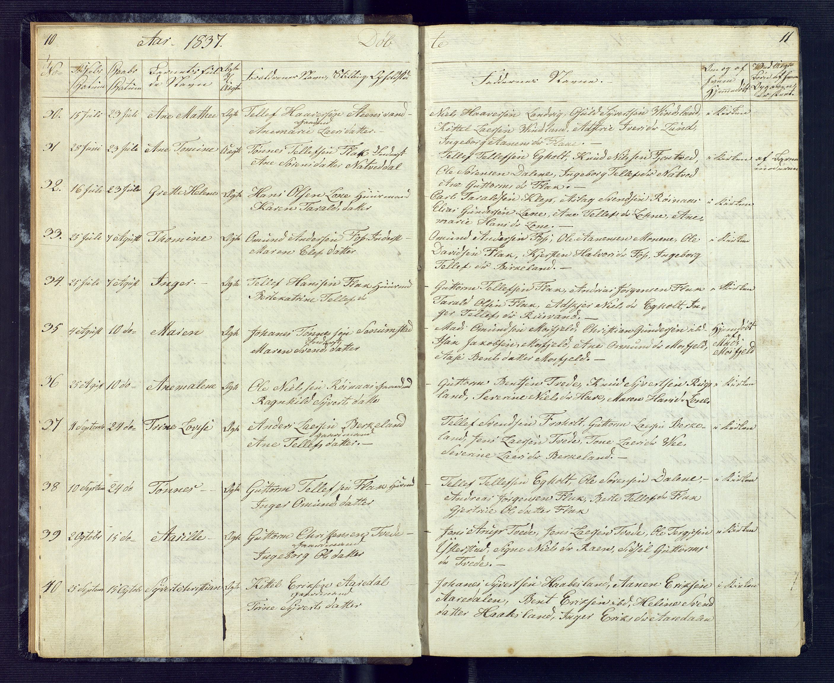 Birkenes sokneprestkontor, AV/SAK-1111-0004/F/Fb/L0001: Parish register (copy) no. B 1, 1837-1856, p. 10-11