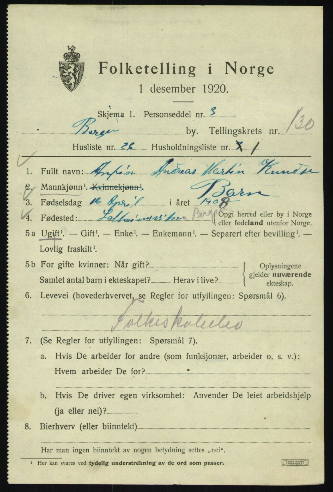 SAB, 1920 census for Bergen, 1920, p. 219387