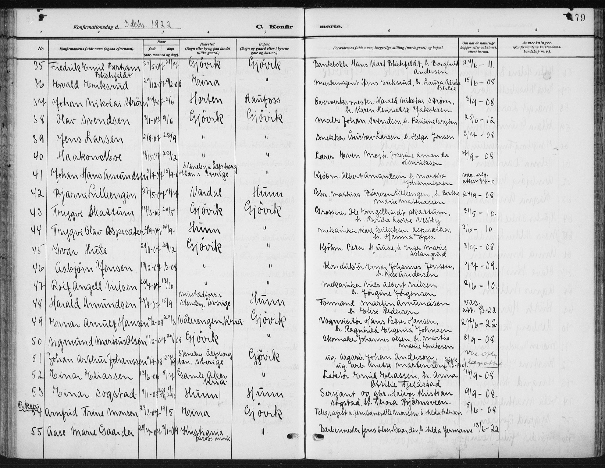 Vardal prestekontor, AV/SAH-PREST-100/H/Ha/Haa/L0014: Parish register (official) no. 14, 1912-1922, p. 179