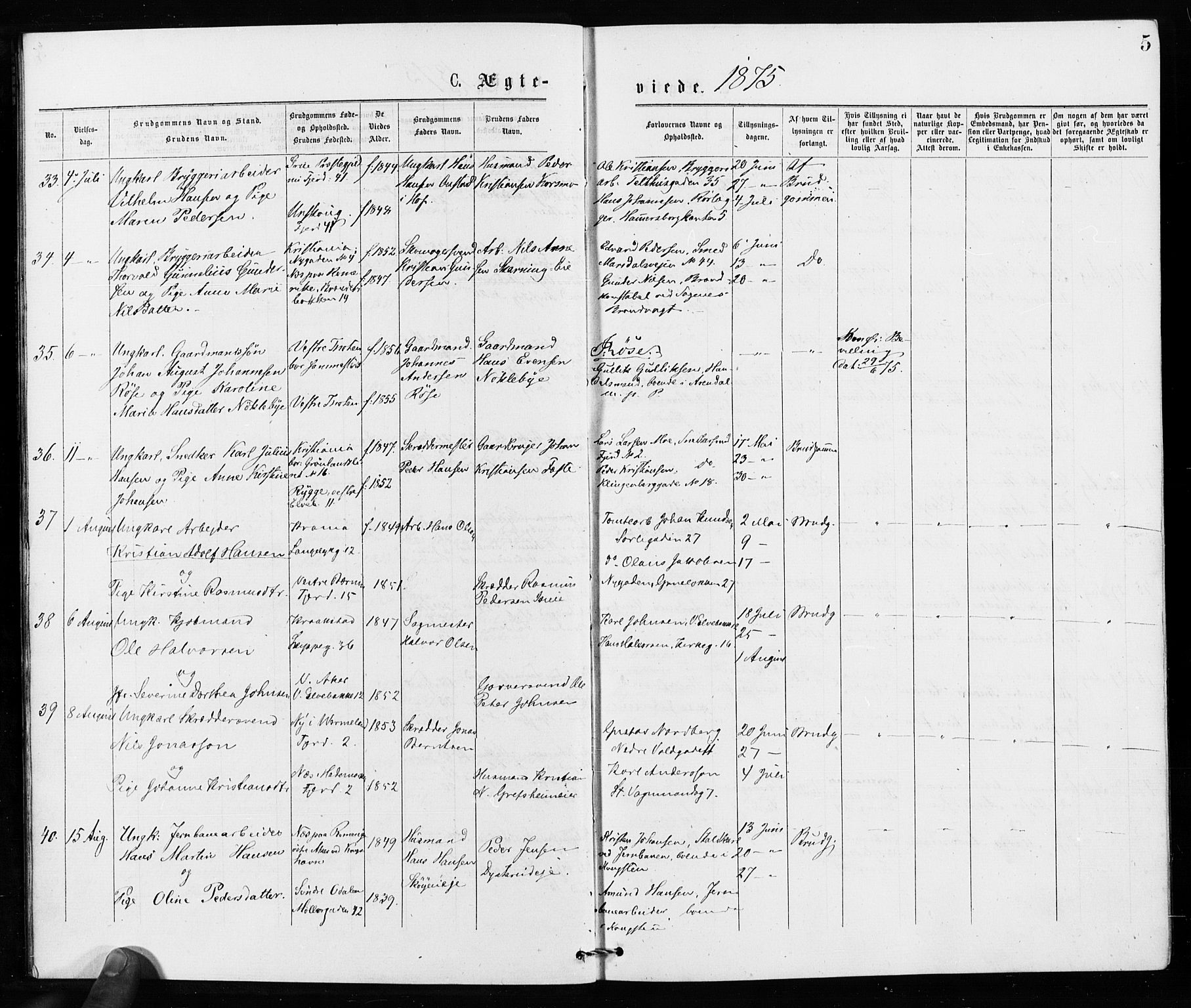 Jakob prestekontor Kirkebøker, AV/SAO-A-10850/F/Fa/L0002: Parish register (official) no. 2, 1875-1879, p. 5