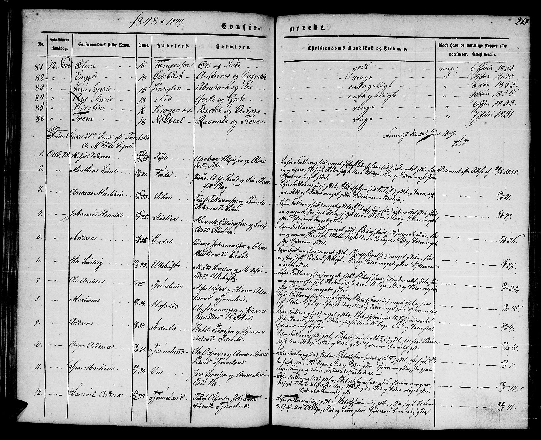 Førde sokneprestembete, SAB/A-79901/H/Haa/Haaa/L0007: Parish register (official) no. A 7, 1843-1860, p. 279