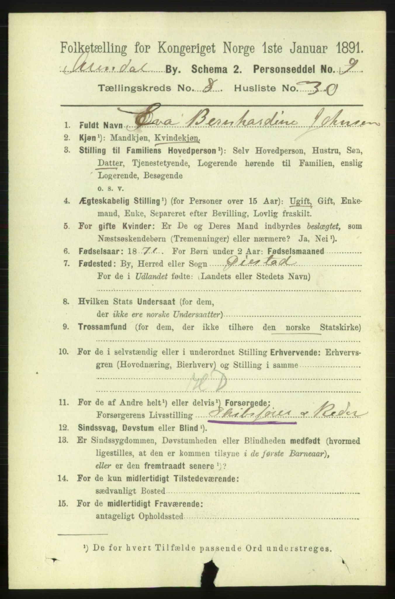 RA, 1891 census for 0903 Arendal, 1891, p. 3216