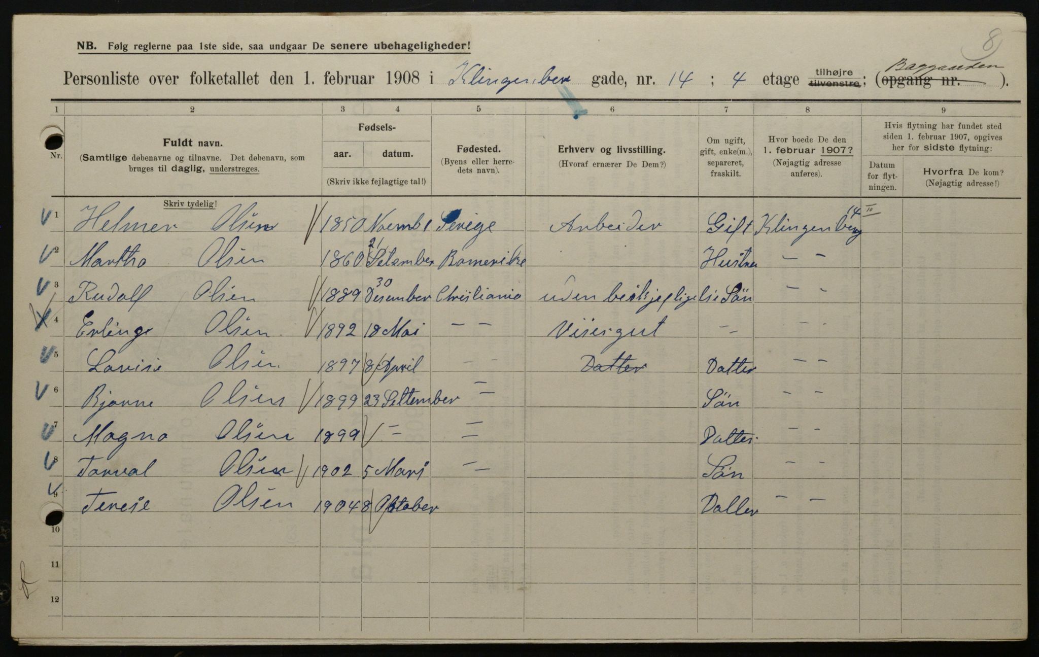 OBA, Municipal Census 1908 for Kristiania, 1908, p. 46412