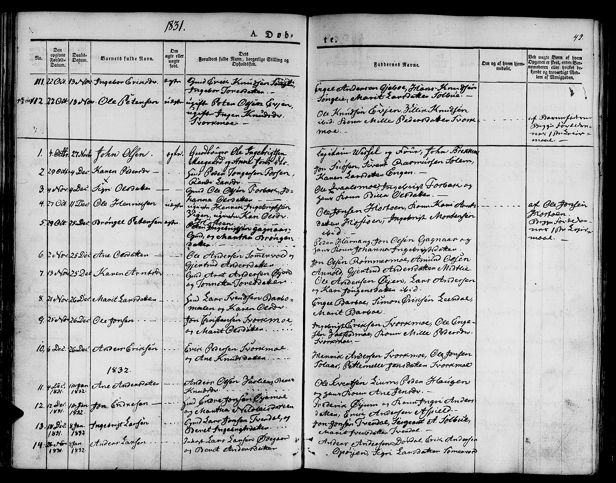 Ministerialprotokoller, klokkerbøker og fødselsregistre - Sør-Trøndelag, SAT/A-1456/668/L0804: Parish register (official) no. 668A04, 1826-1839, p. 42
