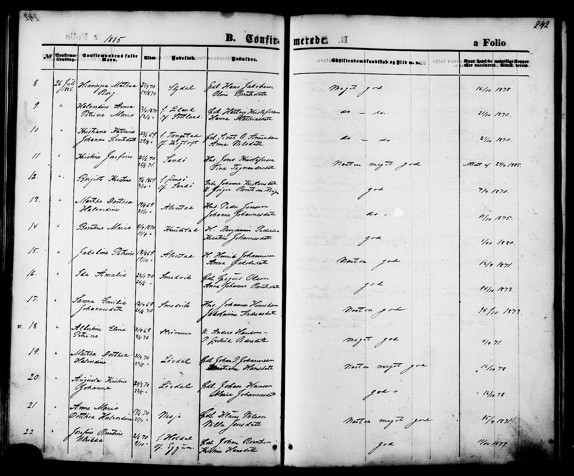 Ministerialprotokoller, klokkerbøker og fødselsregistre - Nordland, AV/SAT-A-1459/880/L1132: Parish register (official) no. 880A06, 1869-1887, p. 242