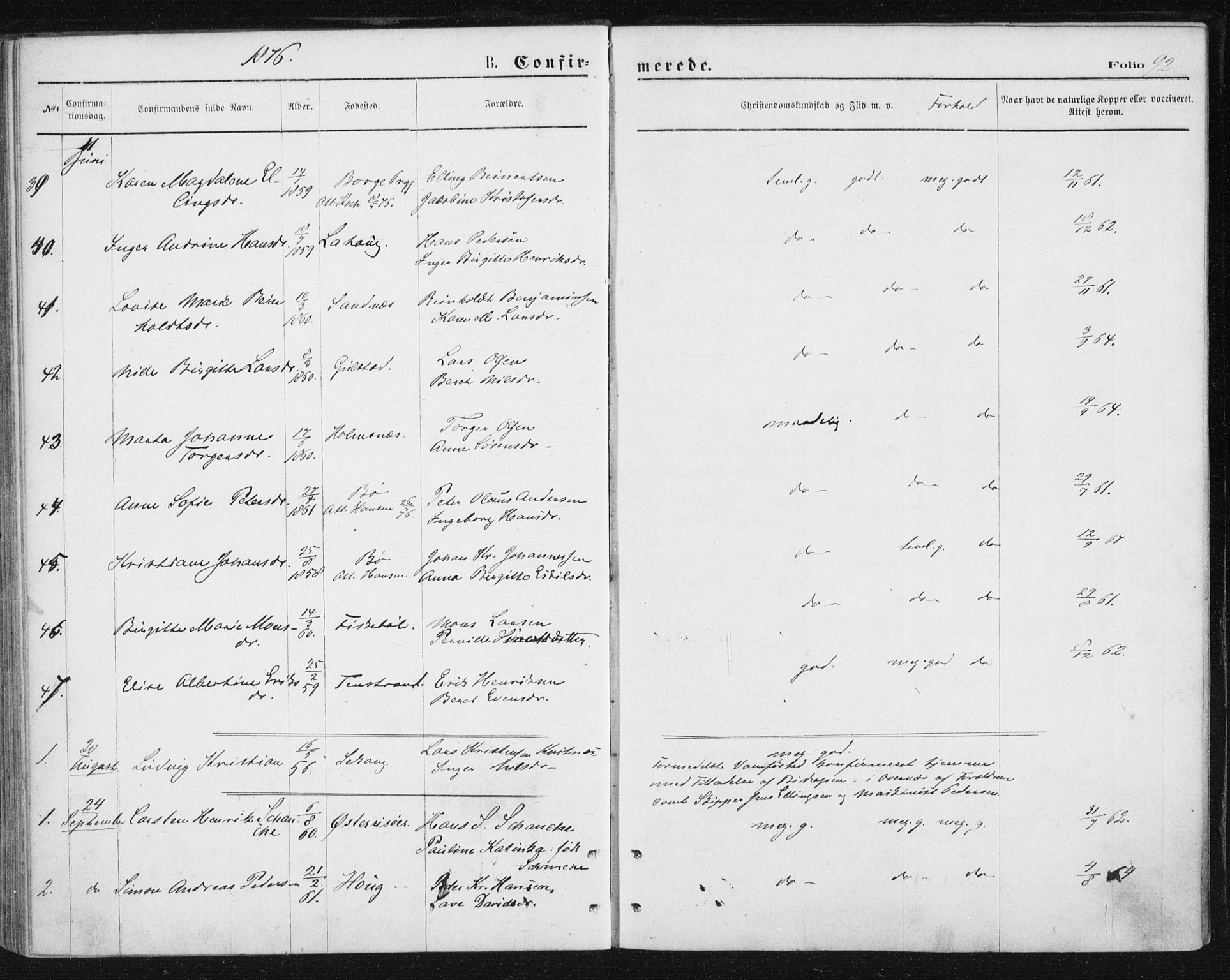 Ministerialprotokoller, klokkerbøker og fødselsregistre - Nordland, AV/SAT-A-1459/888/L1243: Parish register (official) no. 888A09, 1876-1879, p. 92