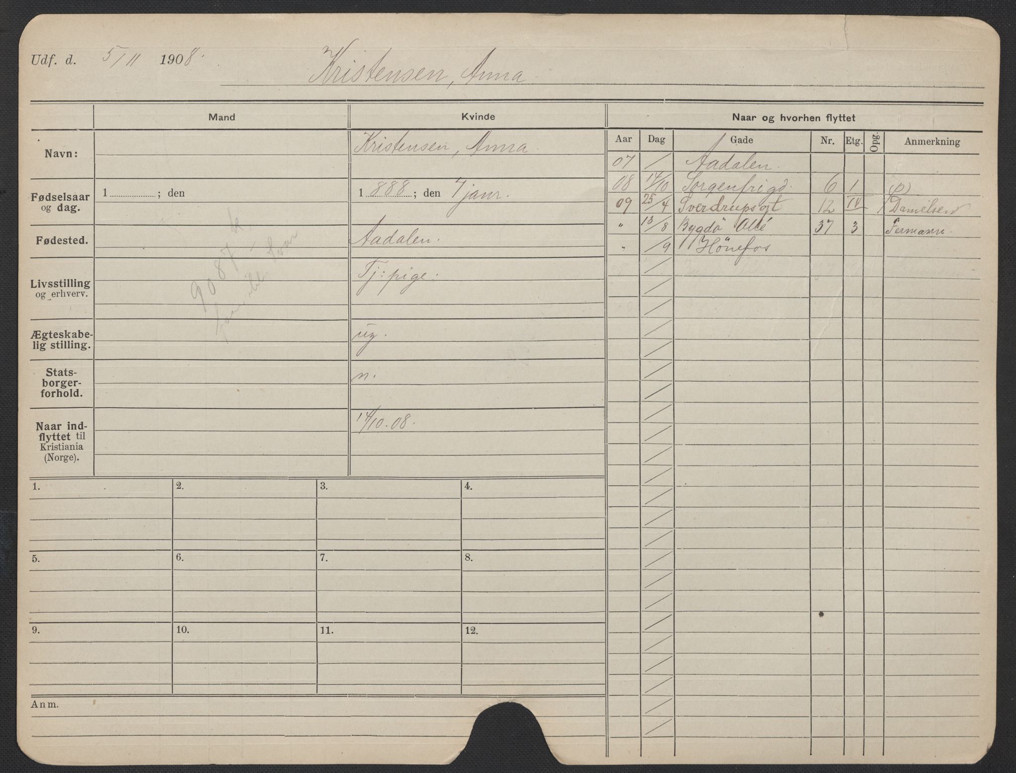 Oslo folkeregister, Registerkort, AV/SAO-A-11715/F/Fa/Fac/L0019: Kvinner, 1906-1914, p. 104a