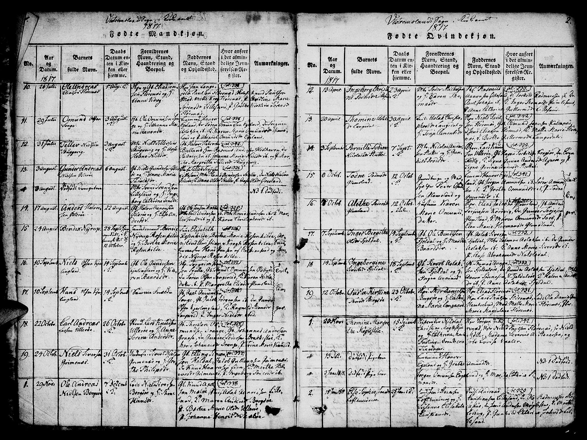 Vestre Moland sokneprestkontor, AV/SAK-1111-0046/F/Fa/Fab/L0003: Parish register (official) no. A 3, 1816-1843, p. 2