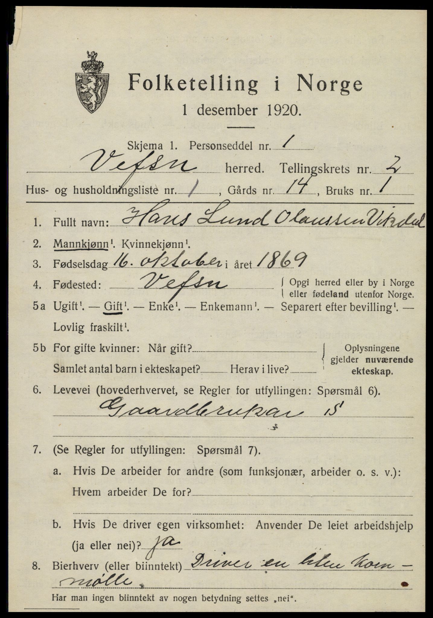 SAT, 1920 census for Vefsn, 1920, p. 1839