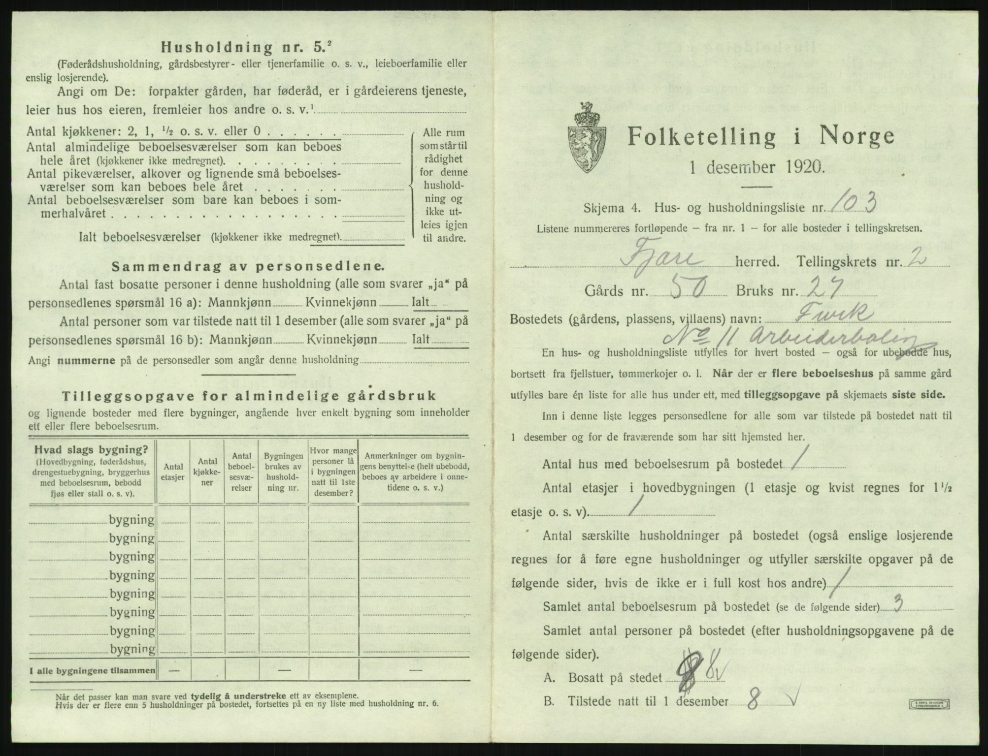 SAK, 1920 census for Fjære, 1920, p. 491