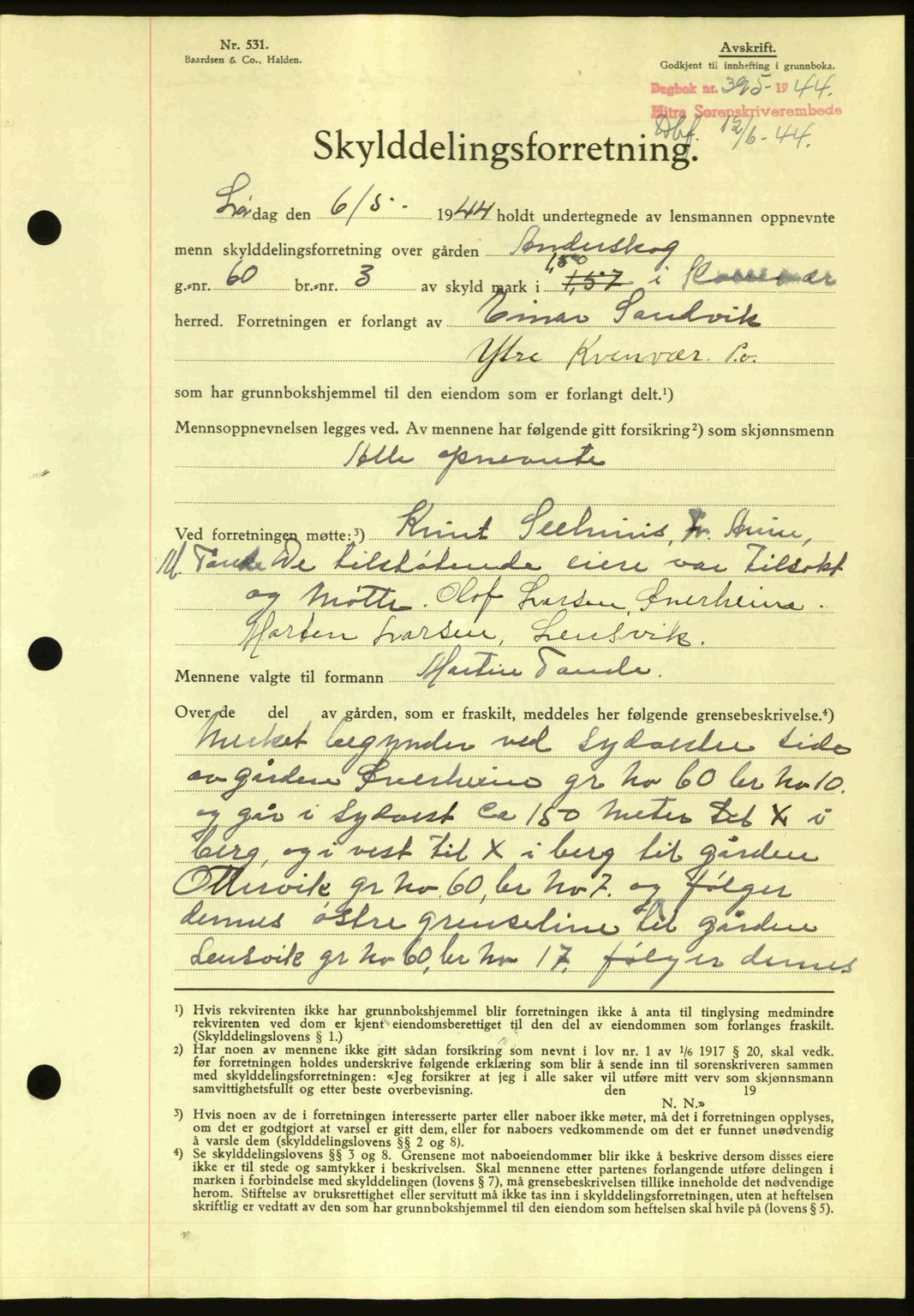 Hitra sorenskriveri, AV/SAT-A-0018/2/2C/2Ca: Mortgage book no. A2, 1943-1945, Diary no: : 395/1944