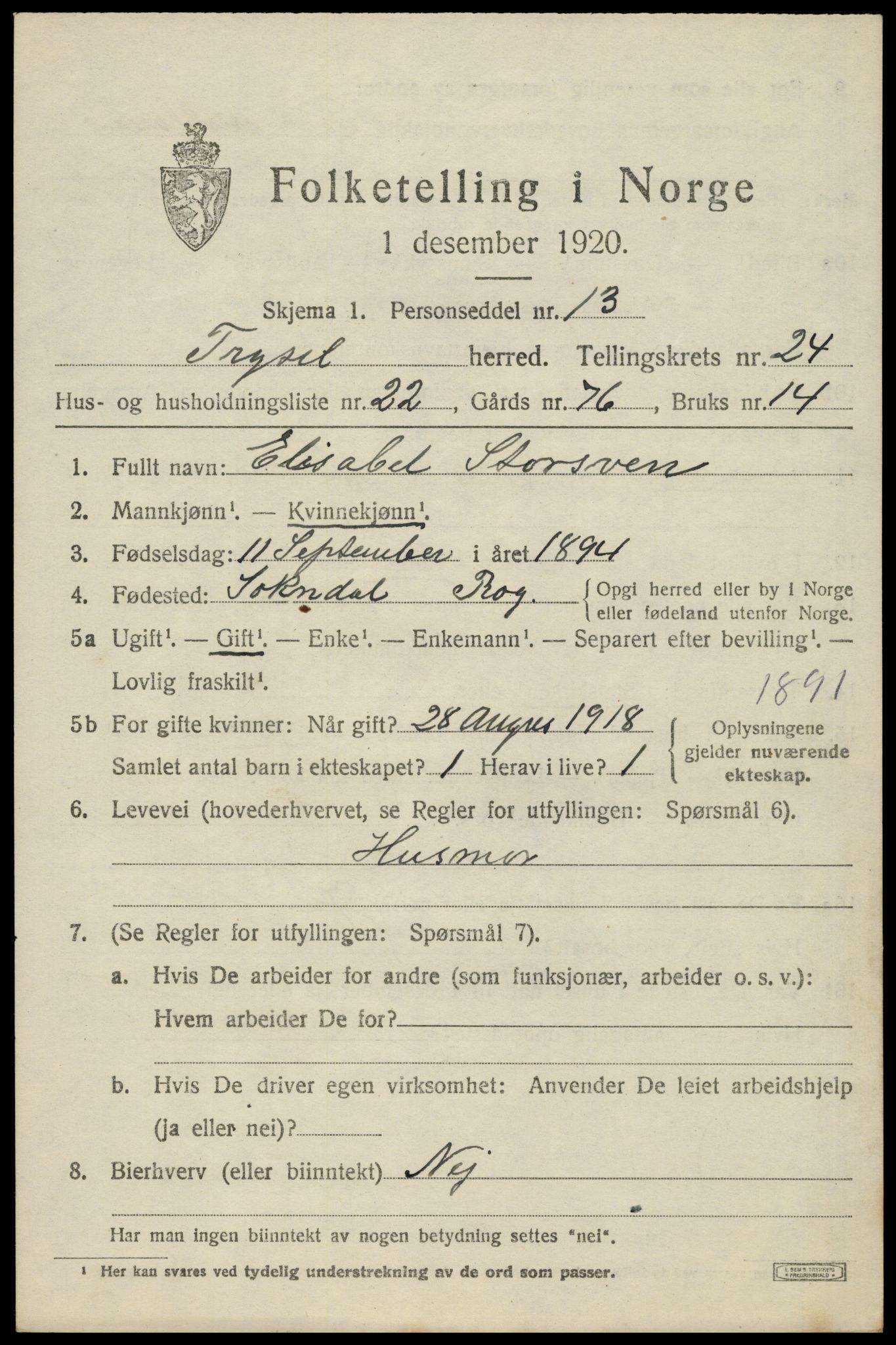 SAH, 1920 census for Trysil, 1920, p. 15491