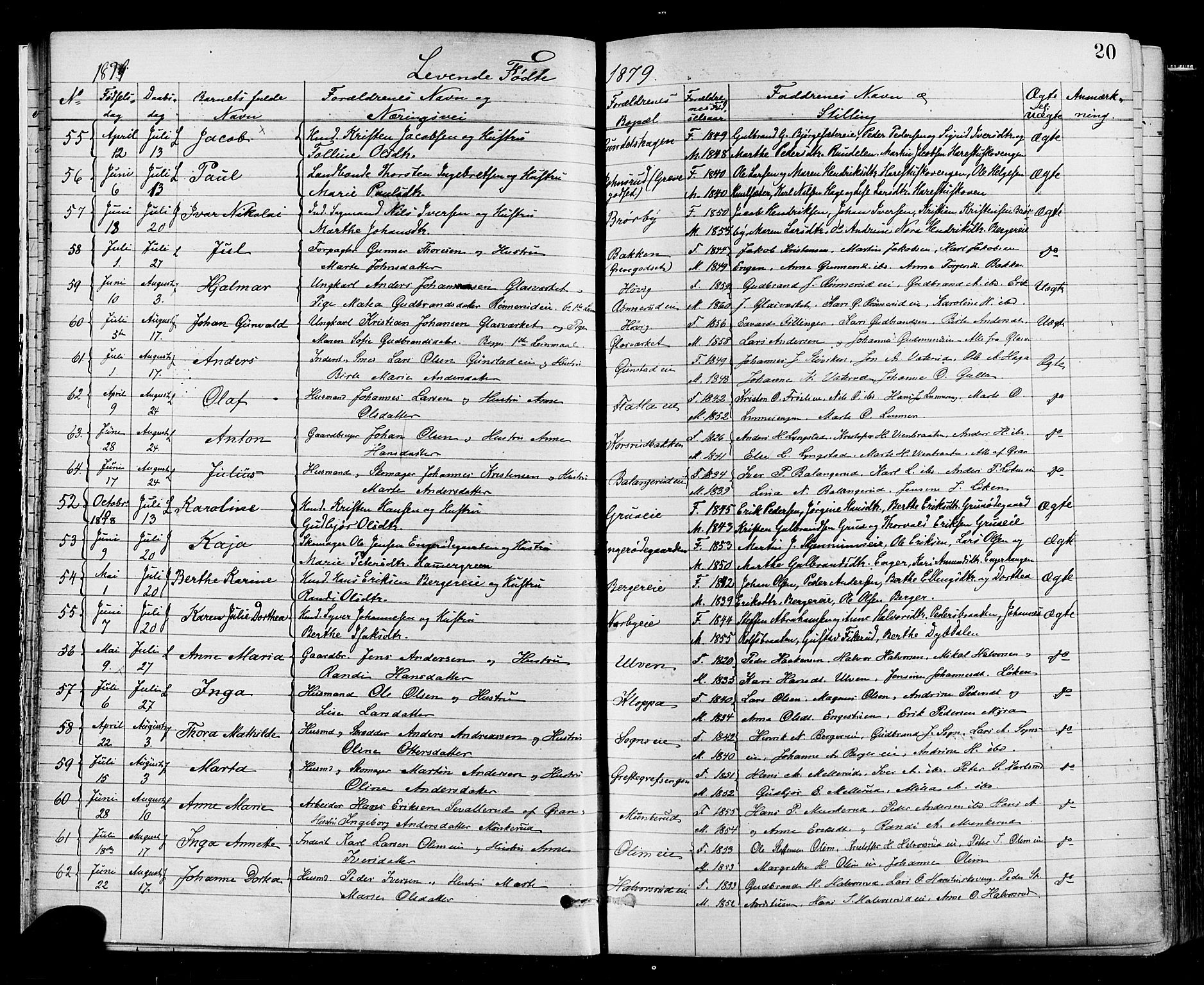 Jevnaker prestekontor, AV/SAH-PREST-116/H/Ha/Haa/L0008: Parish register (official) no. 8, 1877-1890, p. 20