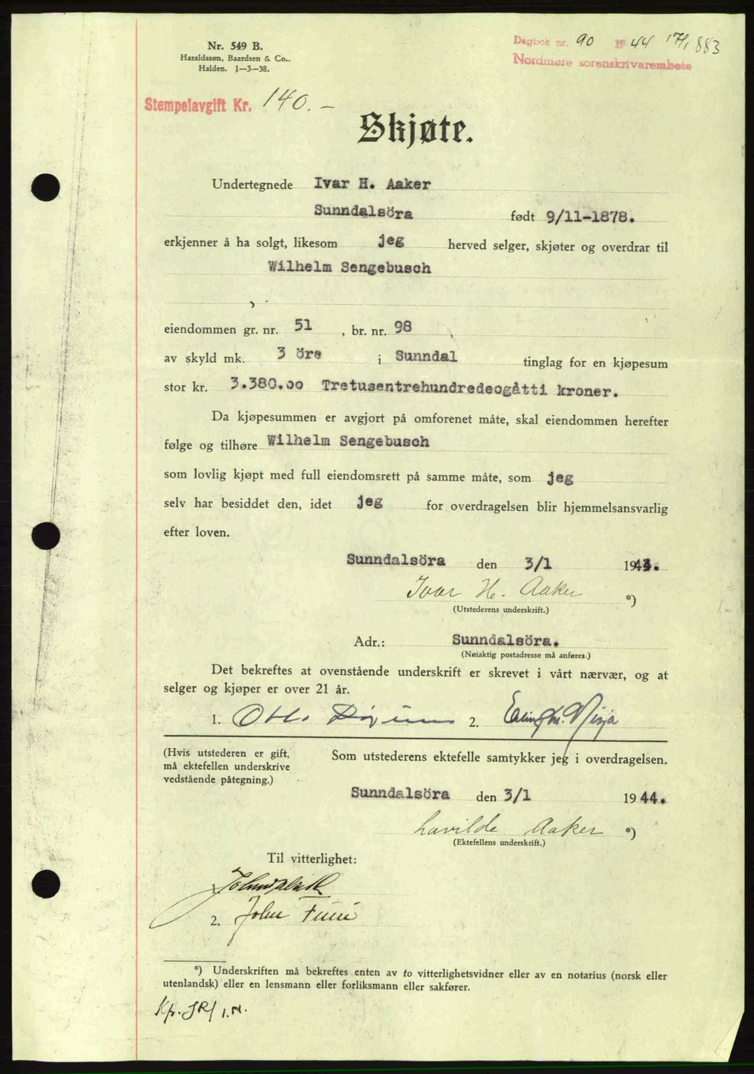 Nordmøre sorenskriveri, SAT/A-4132/1/2/2Ca: Mortgage book no. A96, 1943-1944, Diary no: : 90/1944